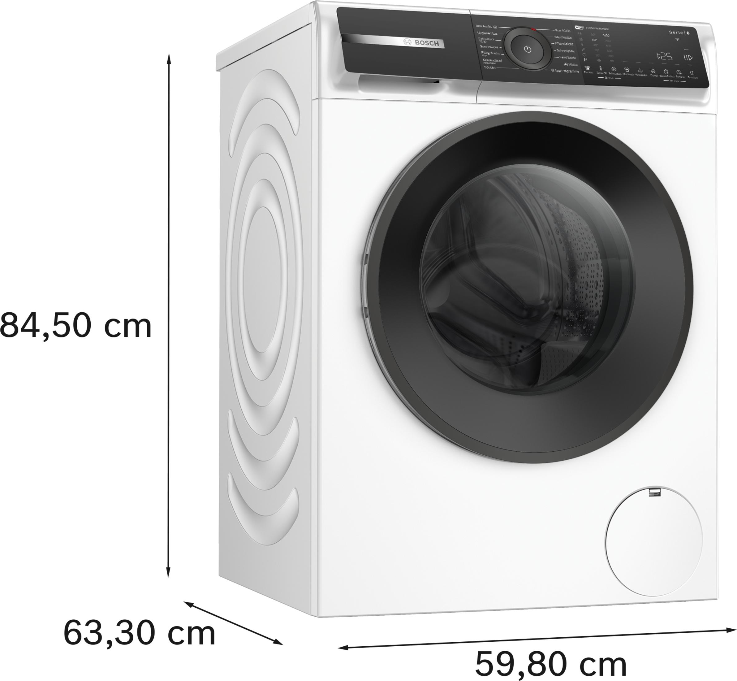 Weiße Waschmaschine, Maße beschriftet, mit schwarzer Tür und Bedienfeld.