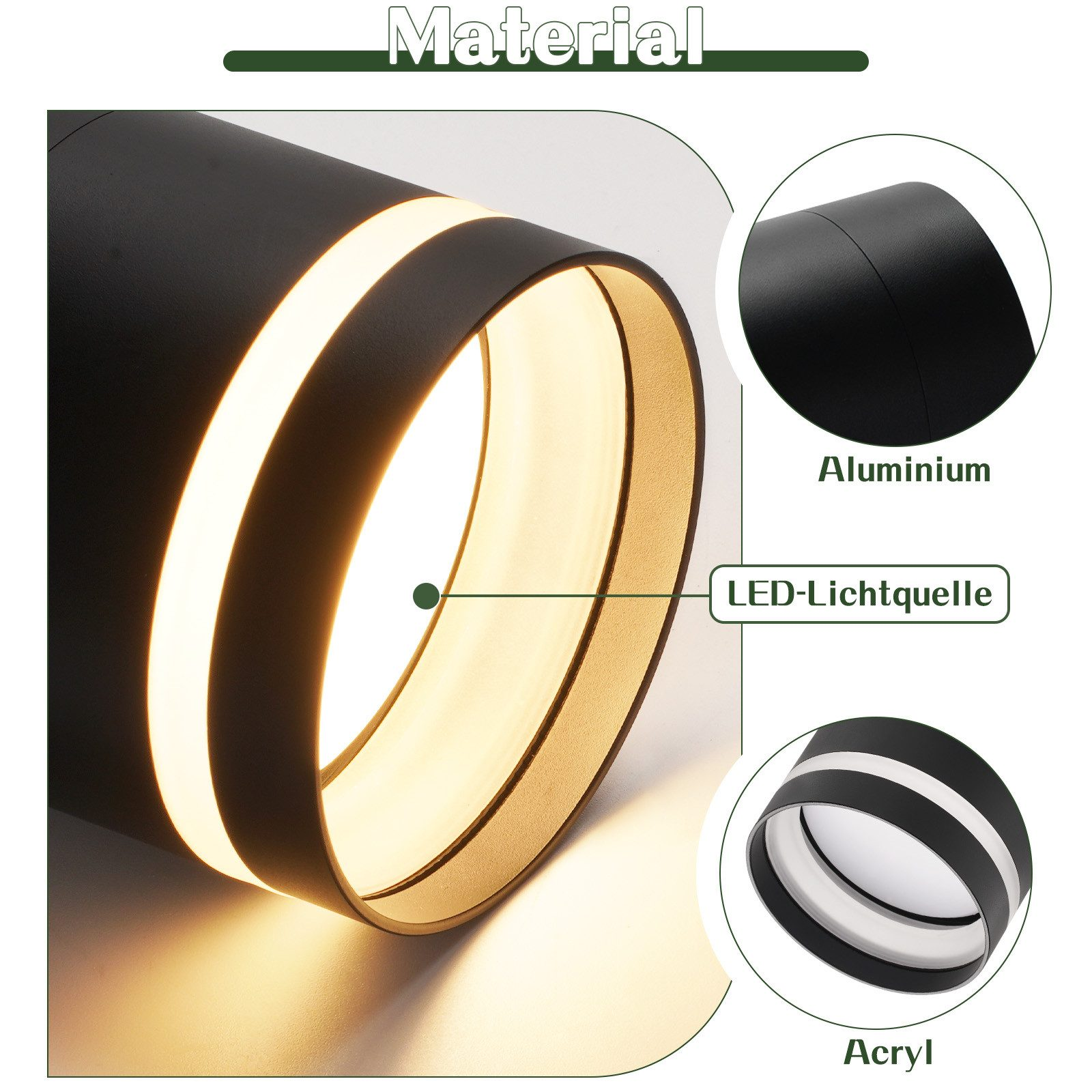 Primo piano di una lampada cilindrica per esterni con luce intensa. Caratteristiche alluminio e acrilico.
