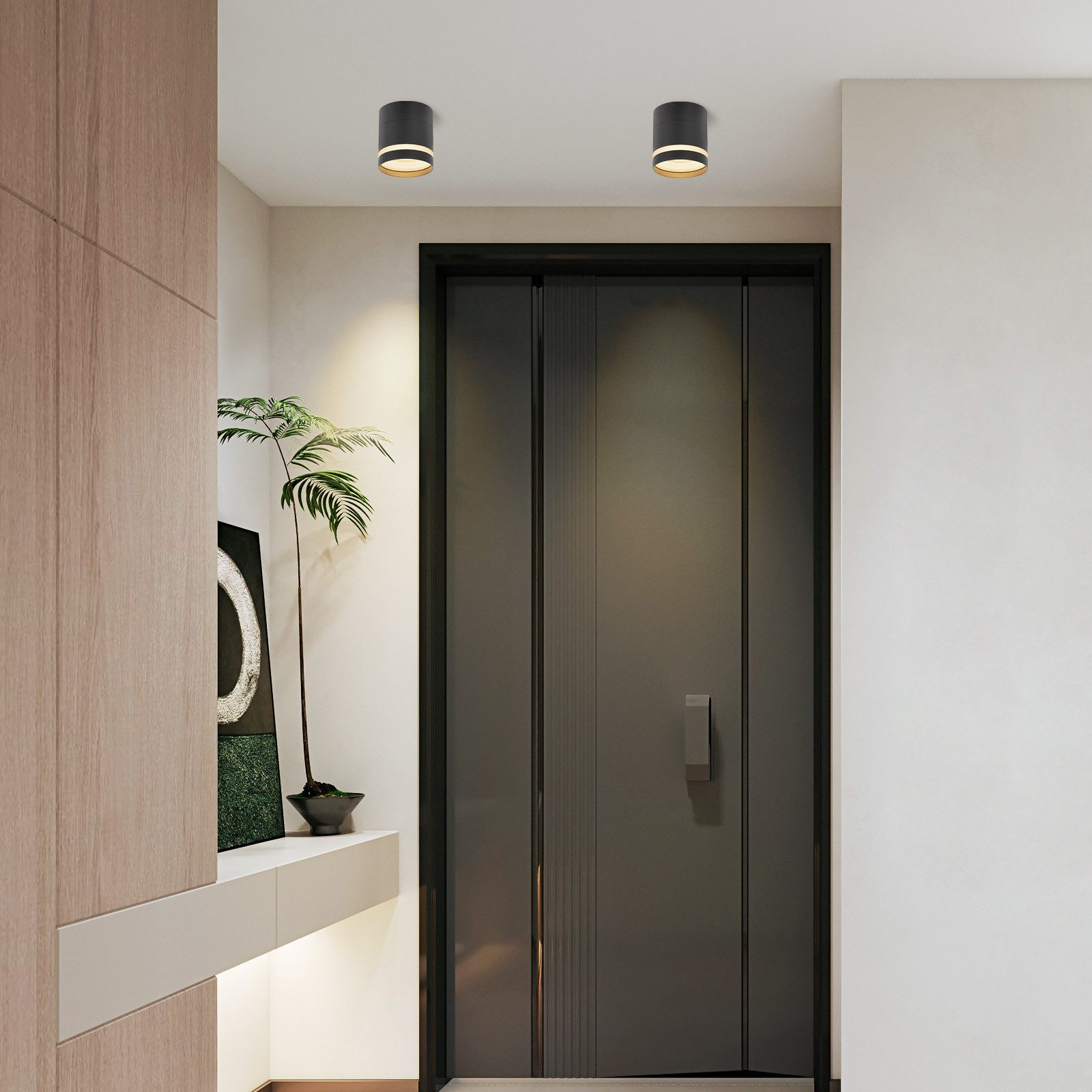 Due luci cilindriche nere su un soffitto in un corridoio con un telaio di porta in legno.
