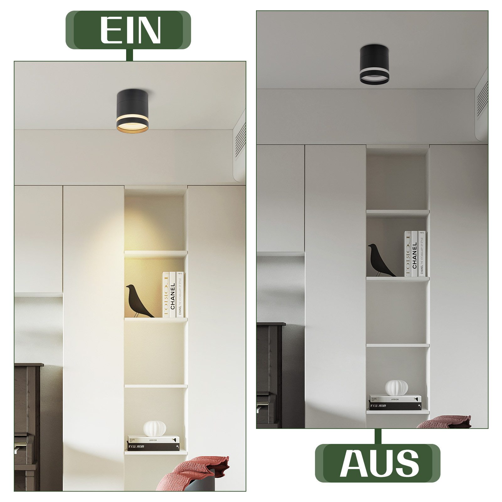 Una luce a soffitto è accesa e spenta. La luce è nera e cilindrica. C'è un muro bianco.