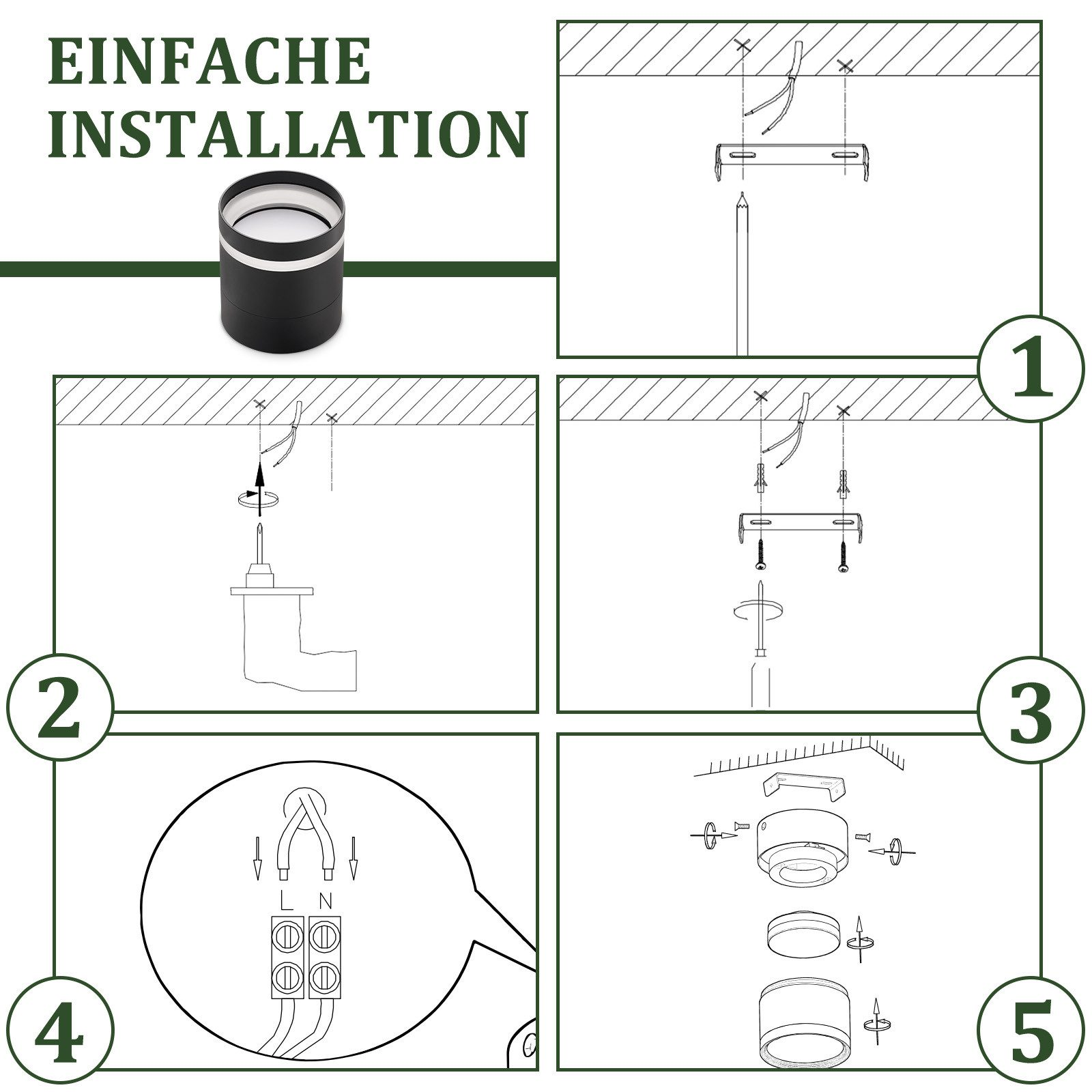 Fasi di installazione per una lampada cilindrica nera. I diagrammi mostrano viti, fili e fasi di assemblaggio.