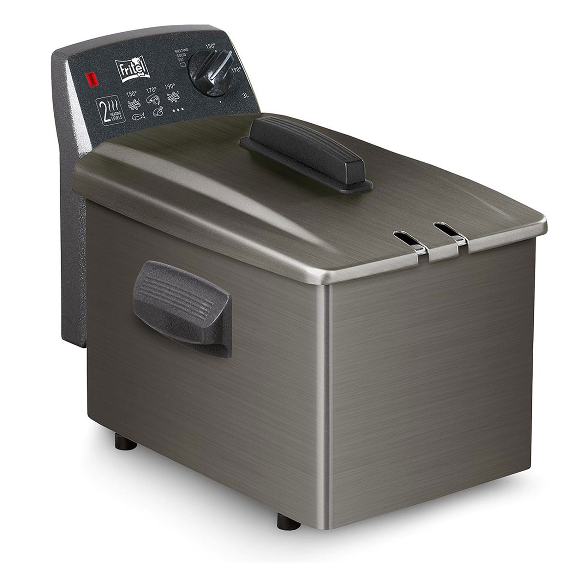 Silver and black deep fryer. Top and handle are black. Three temperature settings.