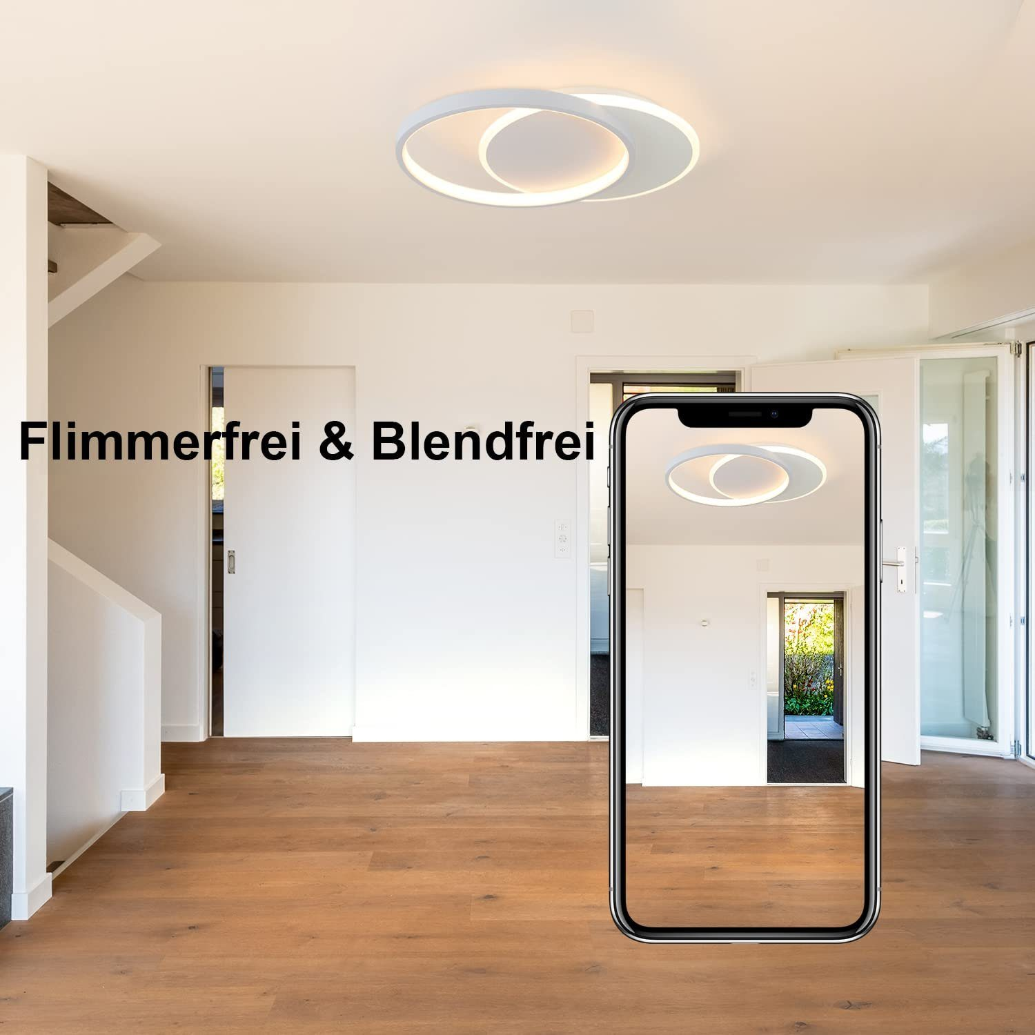 Eine weiße Deckenleuchte mit rundem Design. Ein Smartphone zeigt eine Spiegelung.
