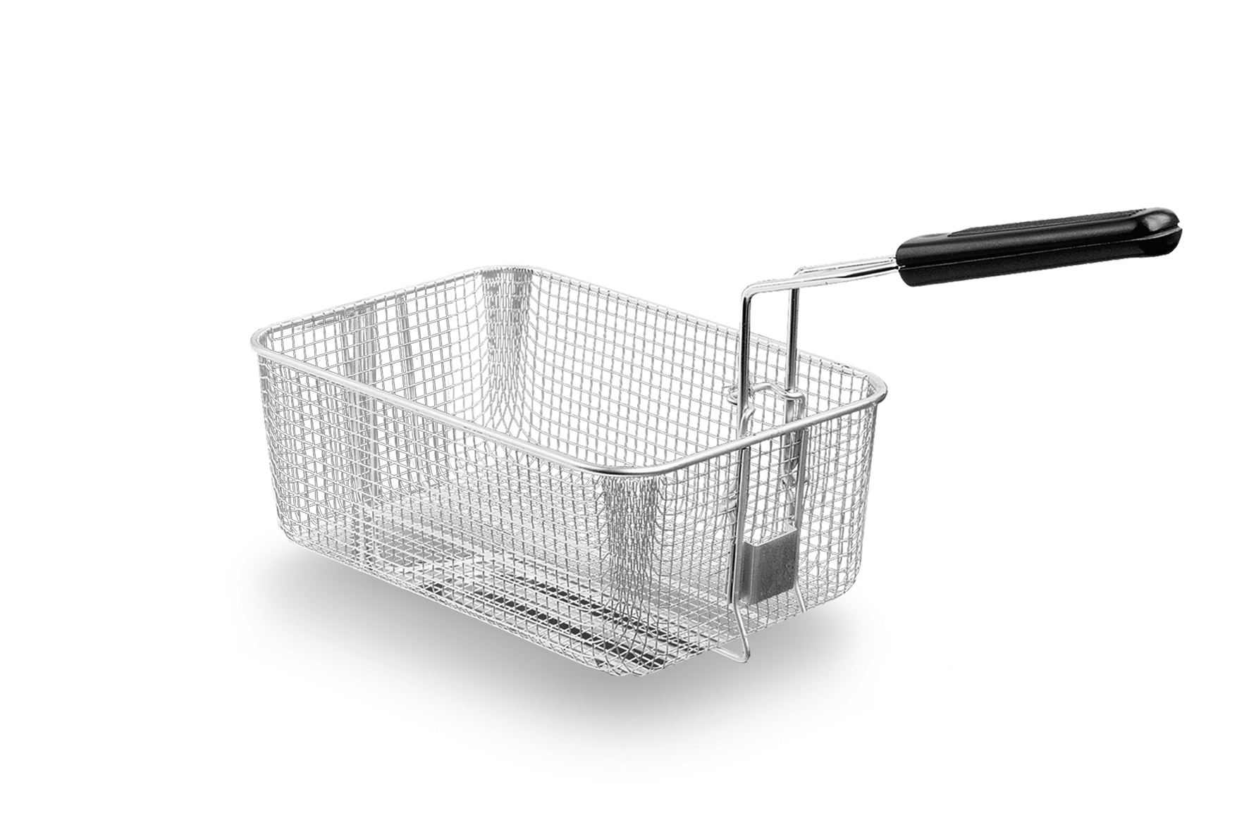 Metal, rectangular basket with a handle, isolated on white background.
