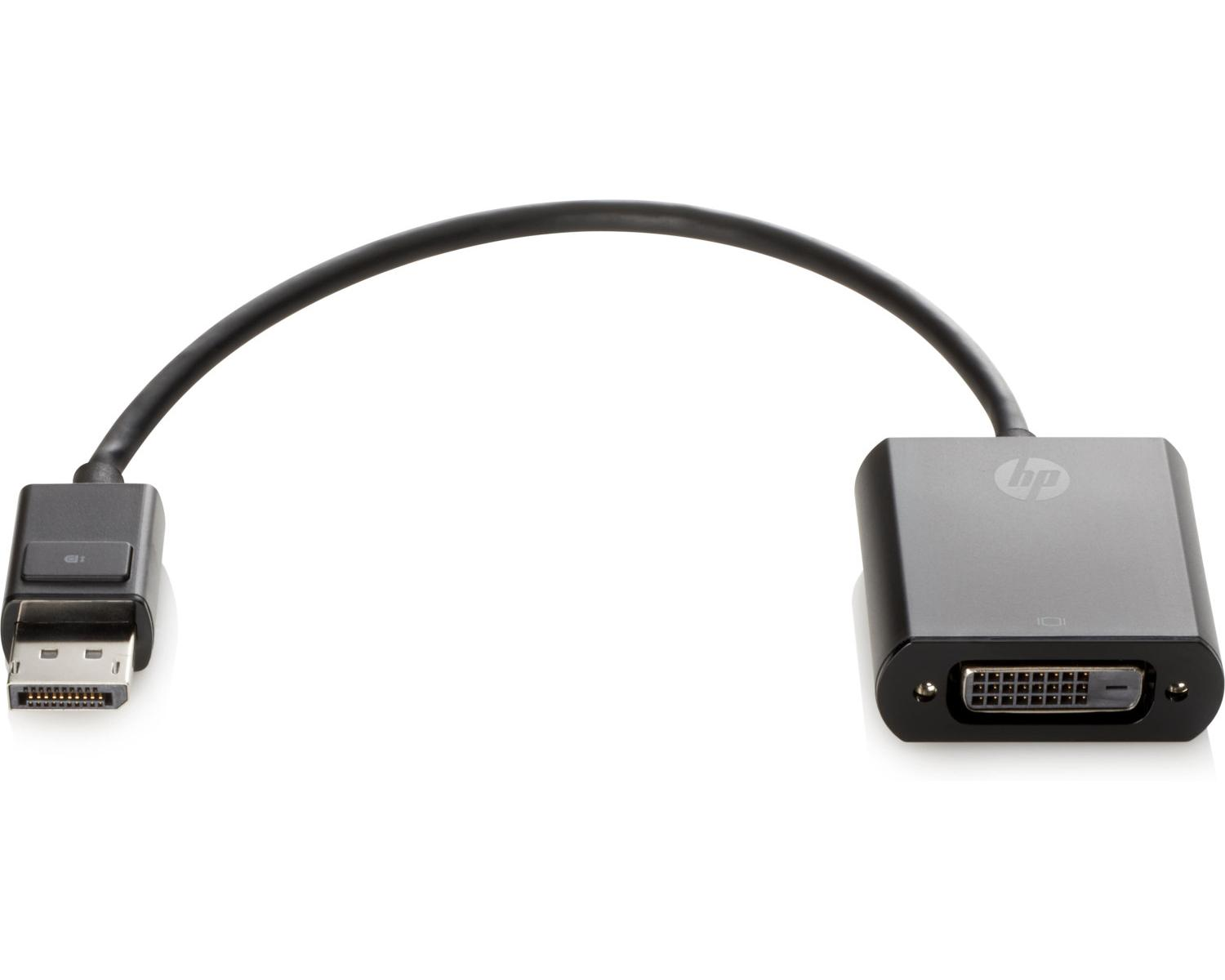 Cavo adattatore HP DisplayPort a DVI nero. DisplayPort a sinistra, connettore DVI a destra.