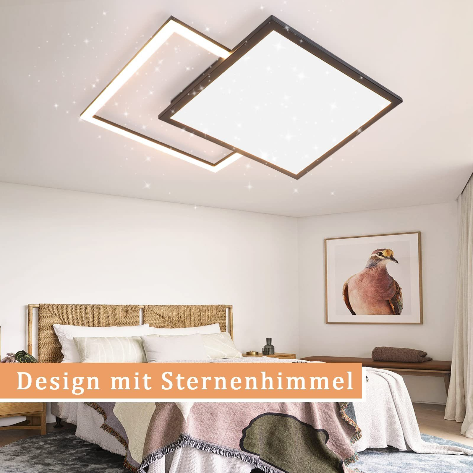 Nowoczesna lampa sufitowa z dwoma kwadratowymi oprawami oświetleniowymi, ustawienie sypialni z nakładką tekstową.