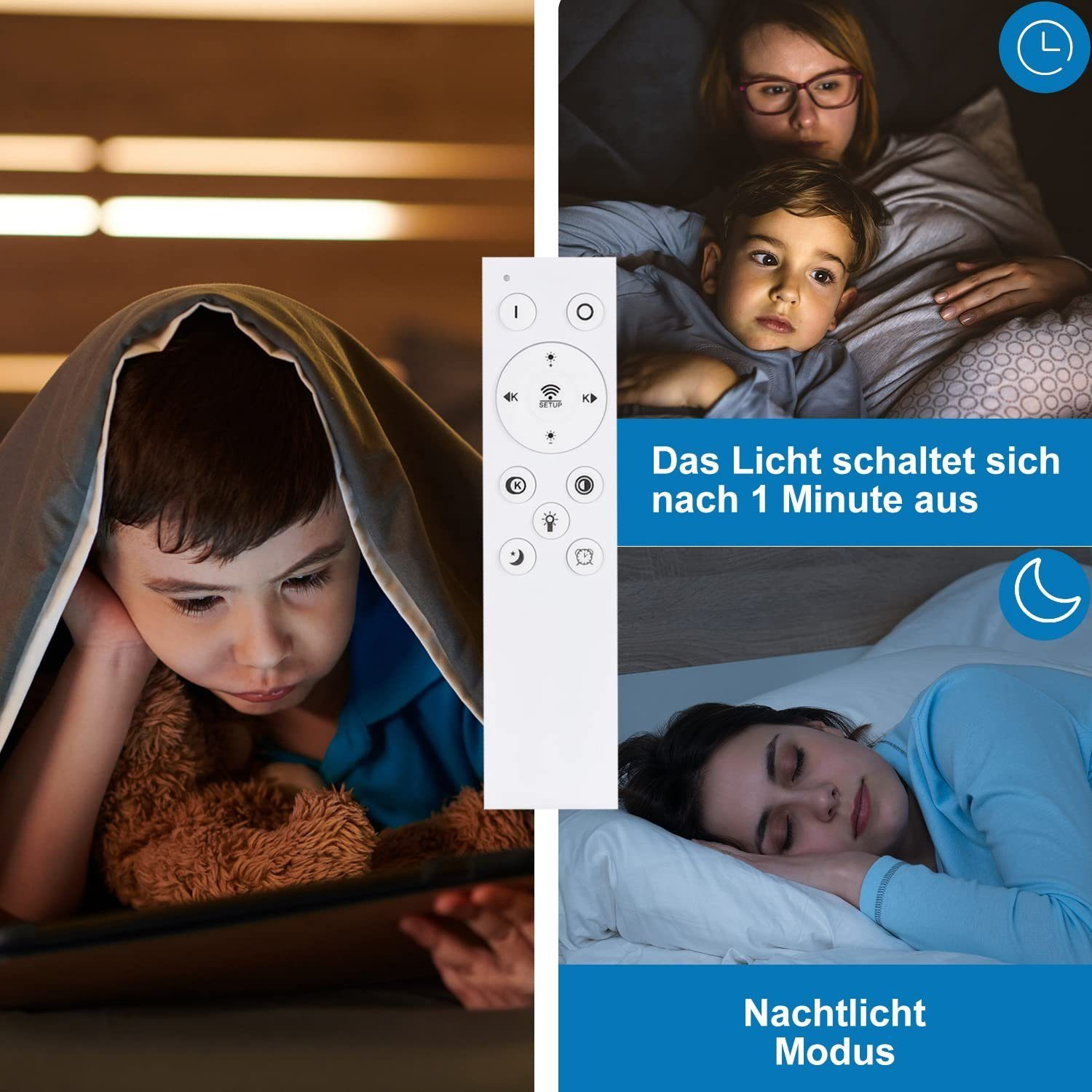 Ein Kind im Bett benutzt ein Tablet. Eine Frau und ein Kind sind in einem separaten Rahmen.