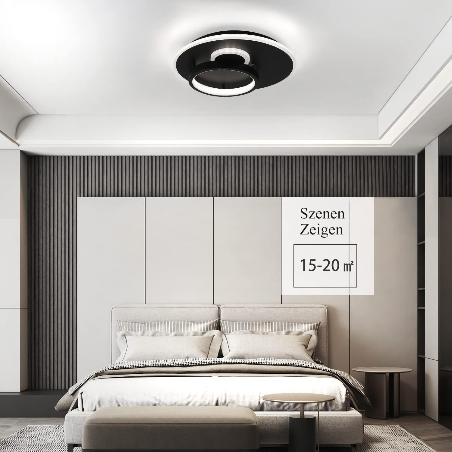Moderne schwarz-weiße Deckenleuchte in einem Schlafzimmer. Text: 15-20 m².