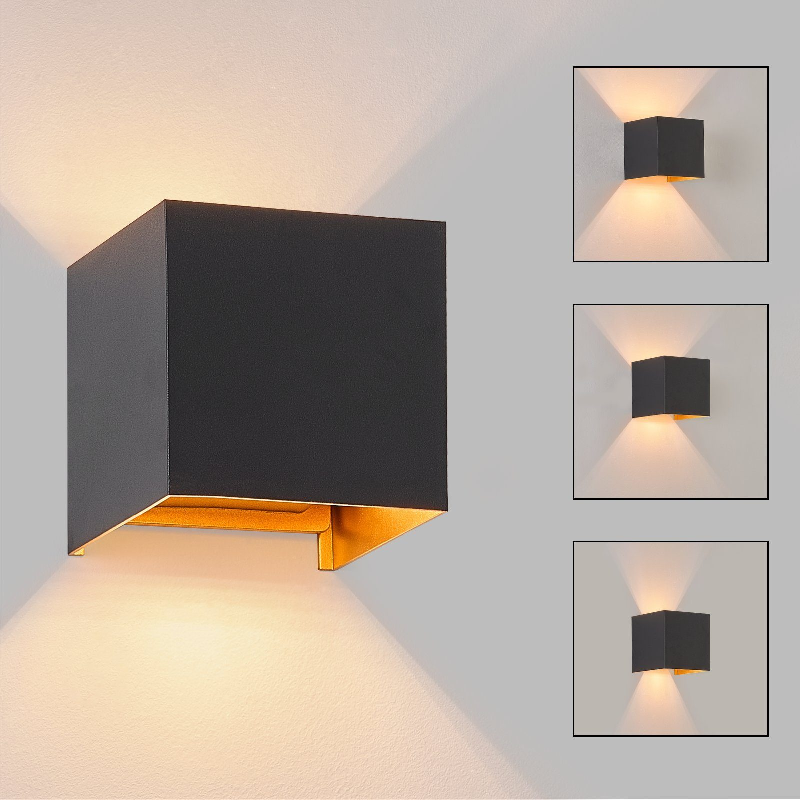 Lampada da parete nera a forma di cubo. Vengono mostrate altre tre varianti su sfondo grigio.