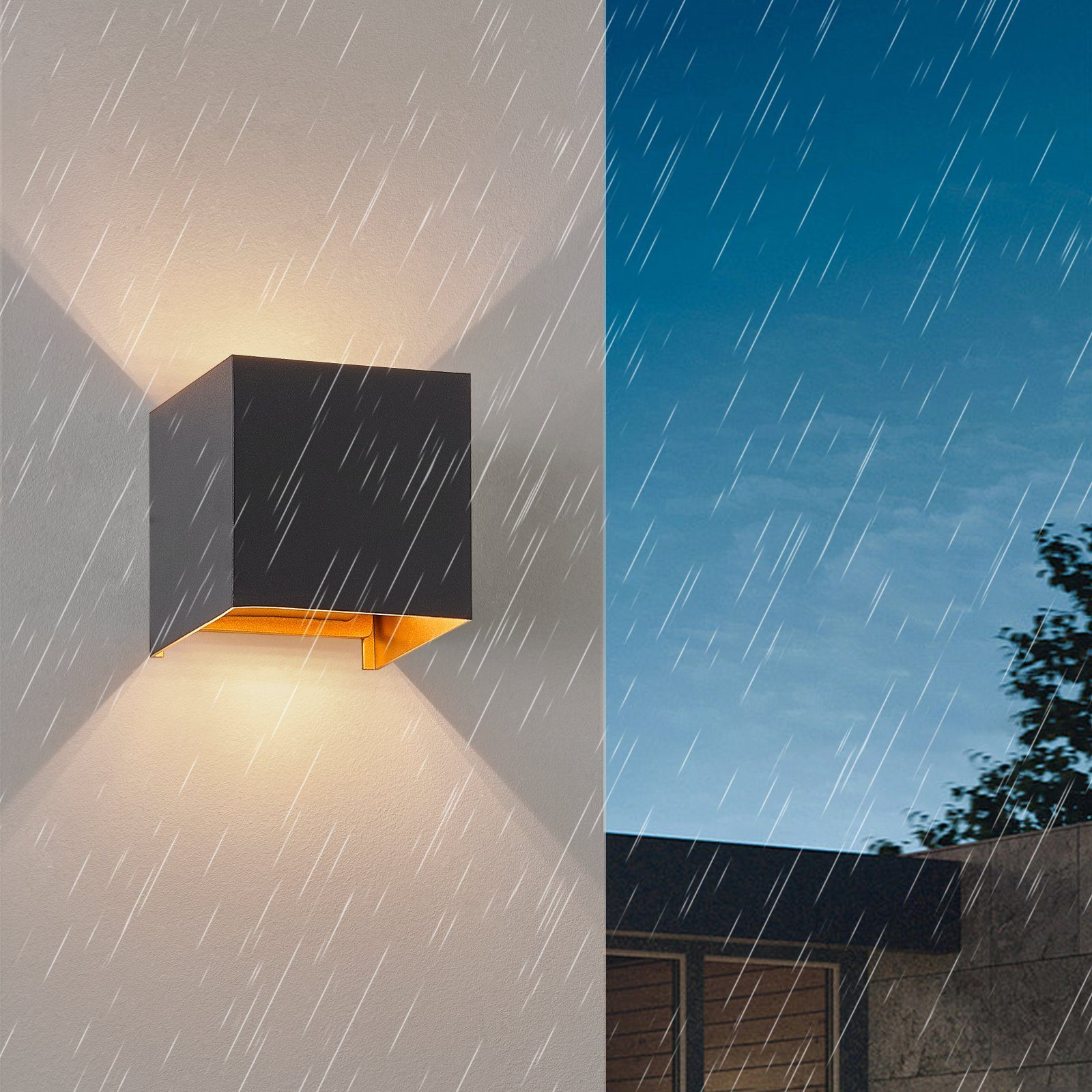 Una lampada da esterno quadrata nera su un muro con effetto pioggia, contro un cielo blu. Luce dorata.