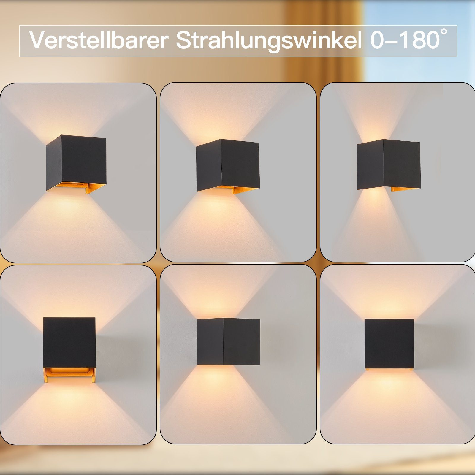 Sei lampade da parete nere che mostrano diversi angoli di luce. Sono quadrate e hanno l'interno dorato.