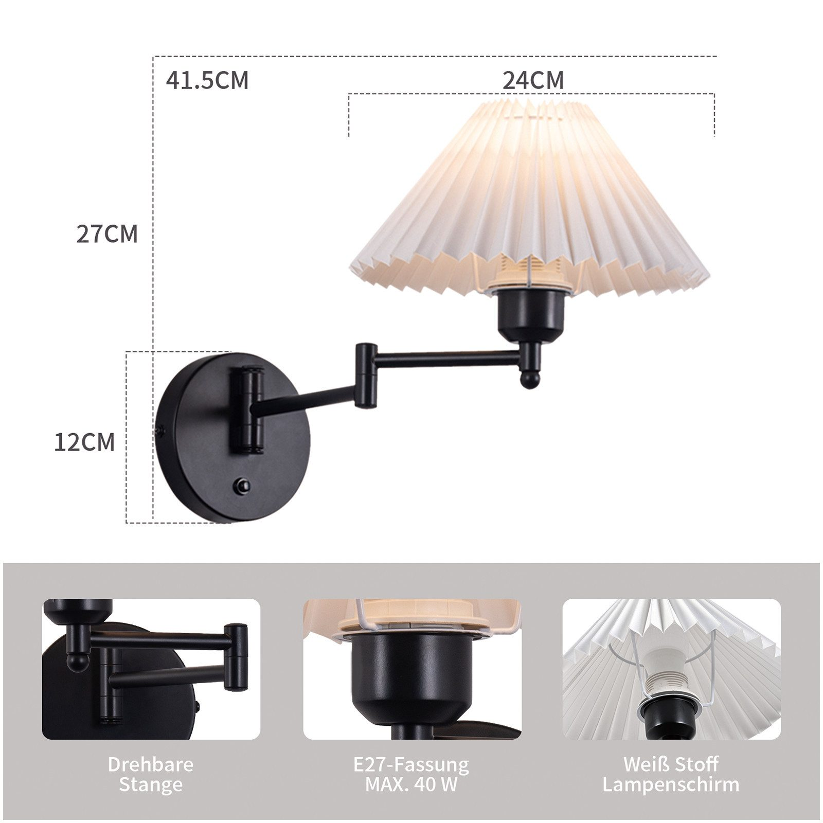 Una lampada da parete nera con un paralume bianco plissettato. Sono fornite le dimensioni.