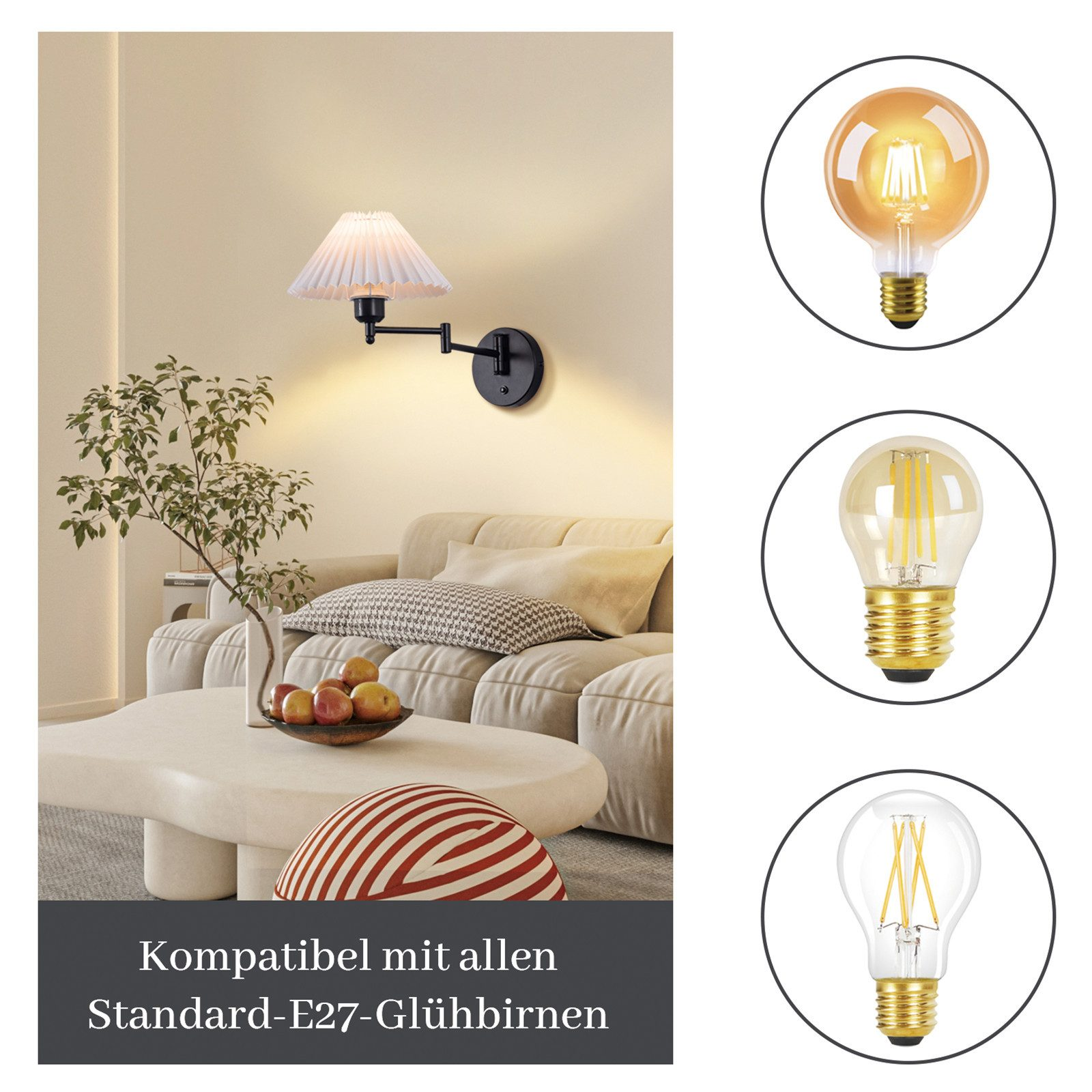 Lampada da parete con paralume e tre diverse lampadine su sfondo bianco.