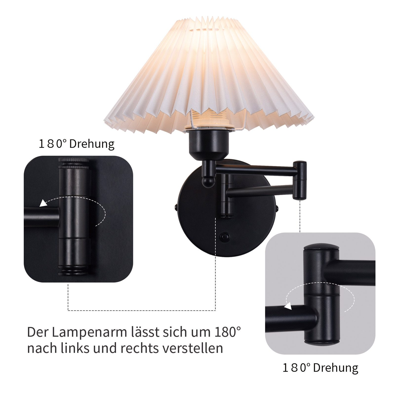 Lampada da parete nera con paralume bianco plissettato e braccio regolabile, con primi piani di dettaglio.