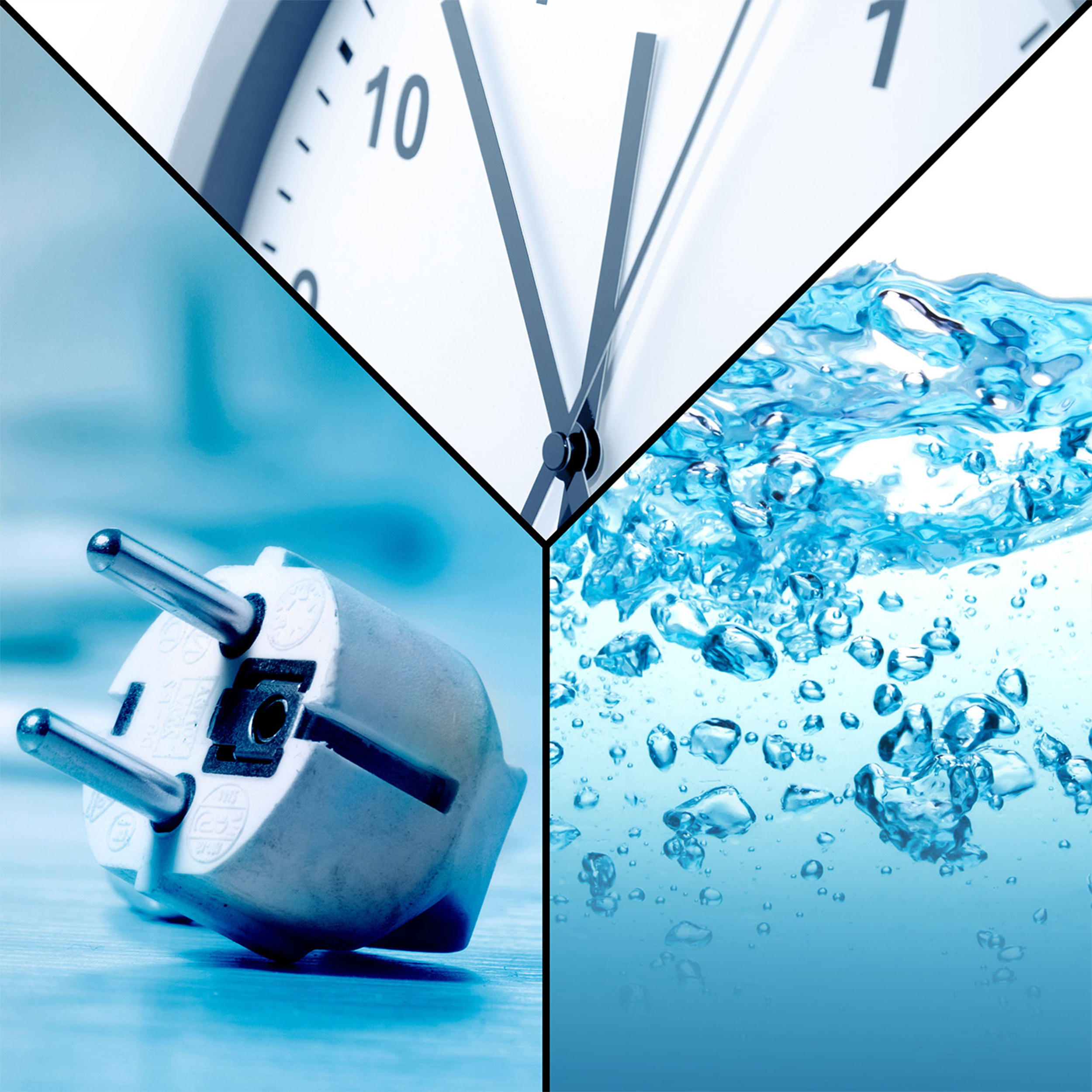 Kolaż zegara, wtyczki i wody z bąbelkami. Wszystkie obrazy mają niebieski odcień.