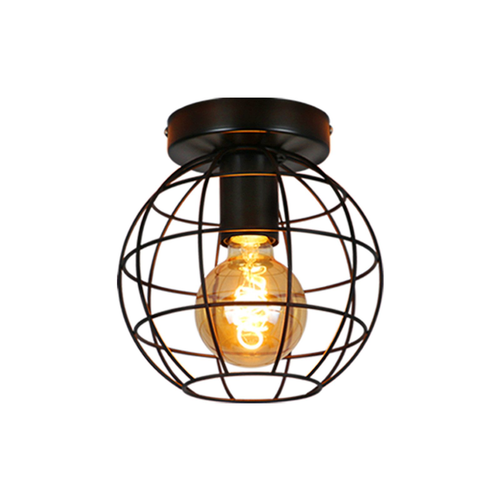 Czarna lampa w kształcie kuli z żarówką Edisona w środku.