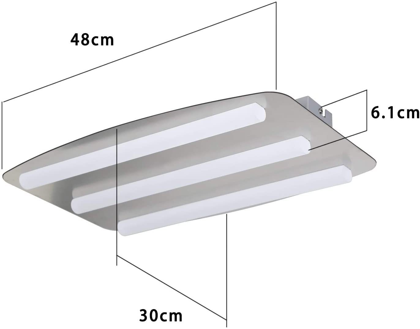 Prostokątna lampa sufitowa z trzema białymi rurami świetlnymi. Wymiary: 48cm x 30cm, wysokość 6,1cm.