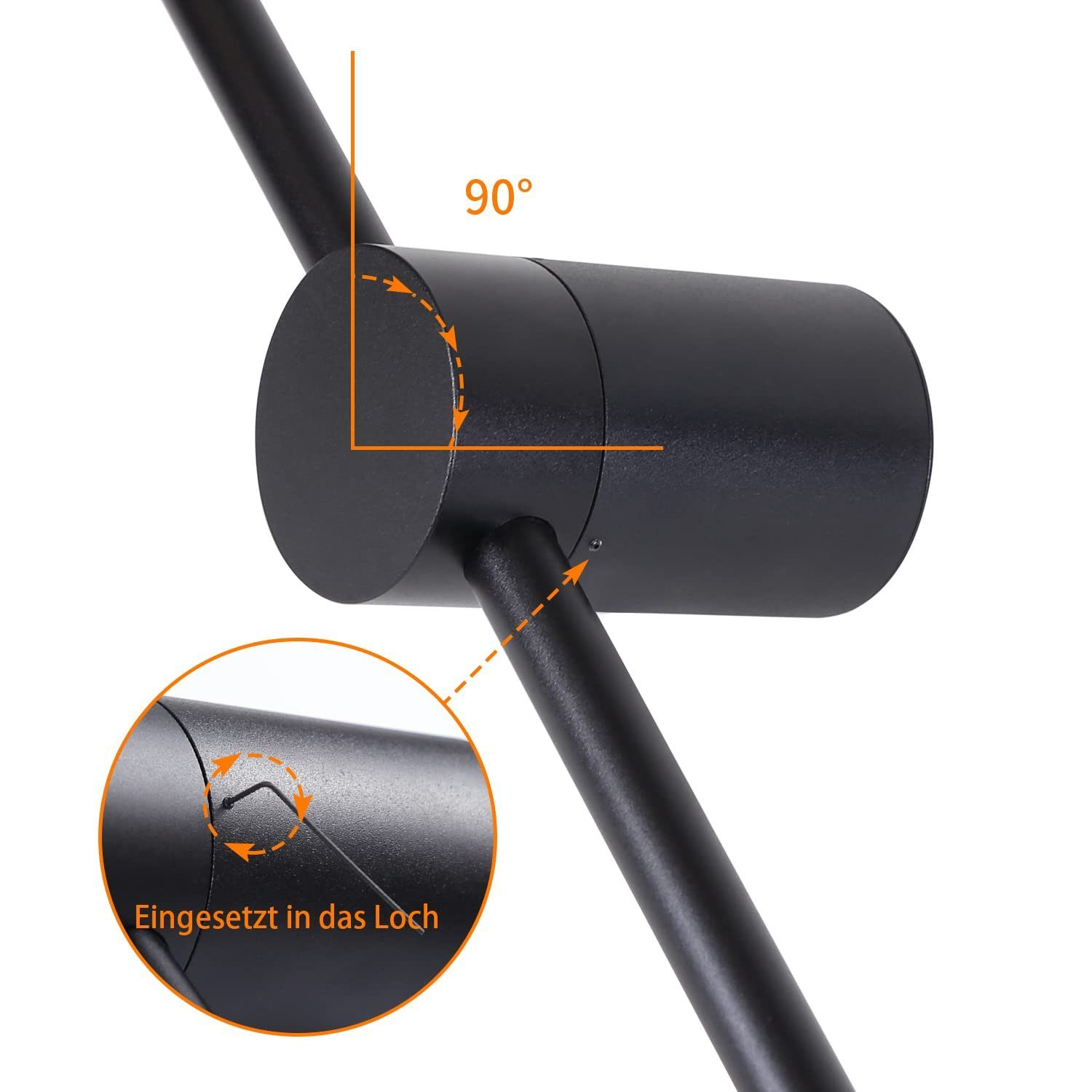 Parte di lampada nera con angolo di 90 gradi, cerchio con freccia e testo 'Eingesetzt in das Loch'.