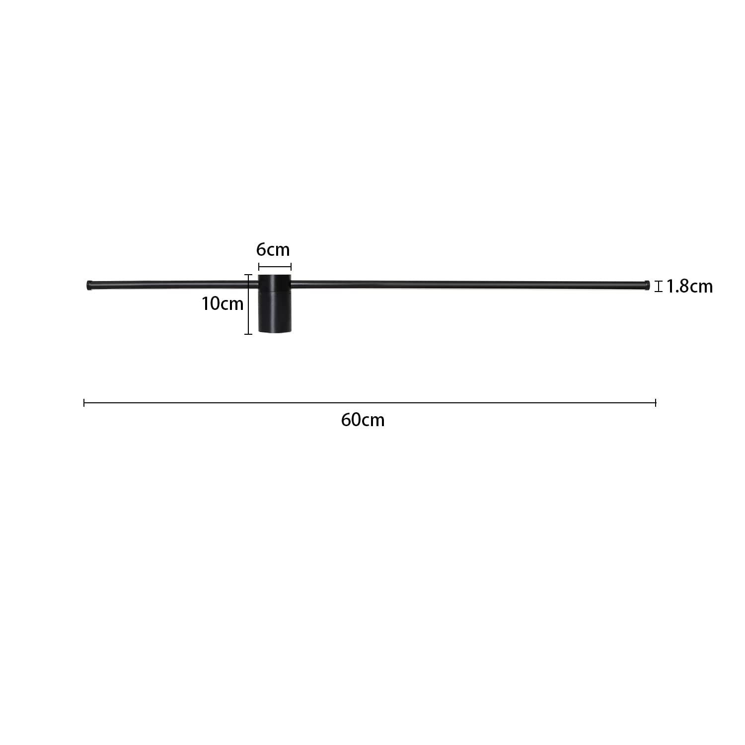 Un apparecchio di illuminazione nero con dimensioni etichettate. Montato su sfondo bianco.