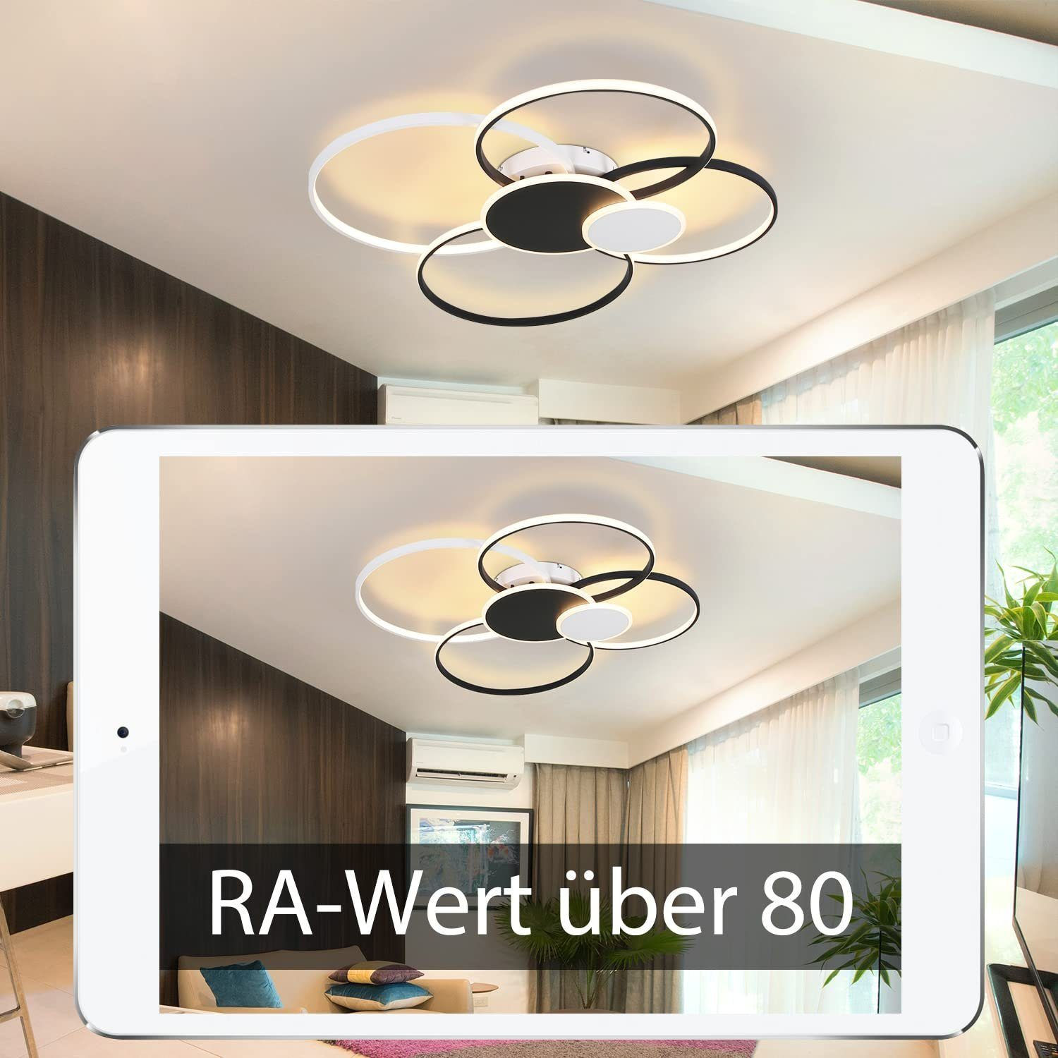 Ein Tablet-Bildschirm zeigt einen modernen Kronleuchter. Der Text lautet 'RA-Wert über 80'. Der Kronleuchter ist schwarz und weiß.