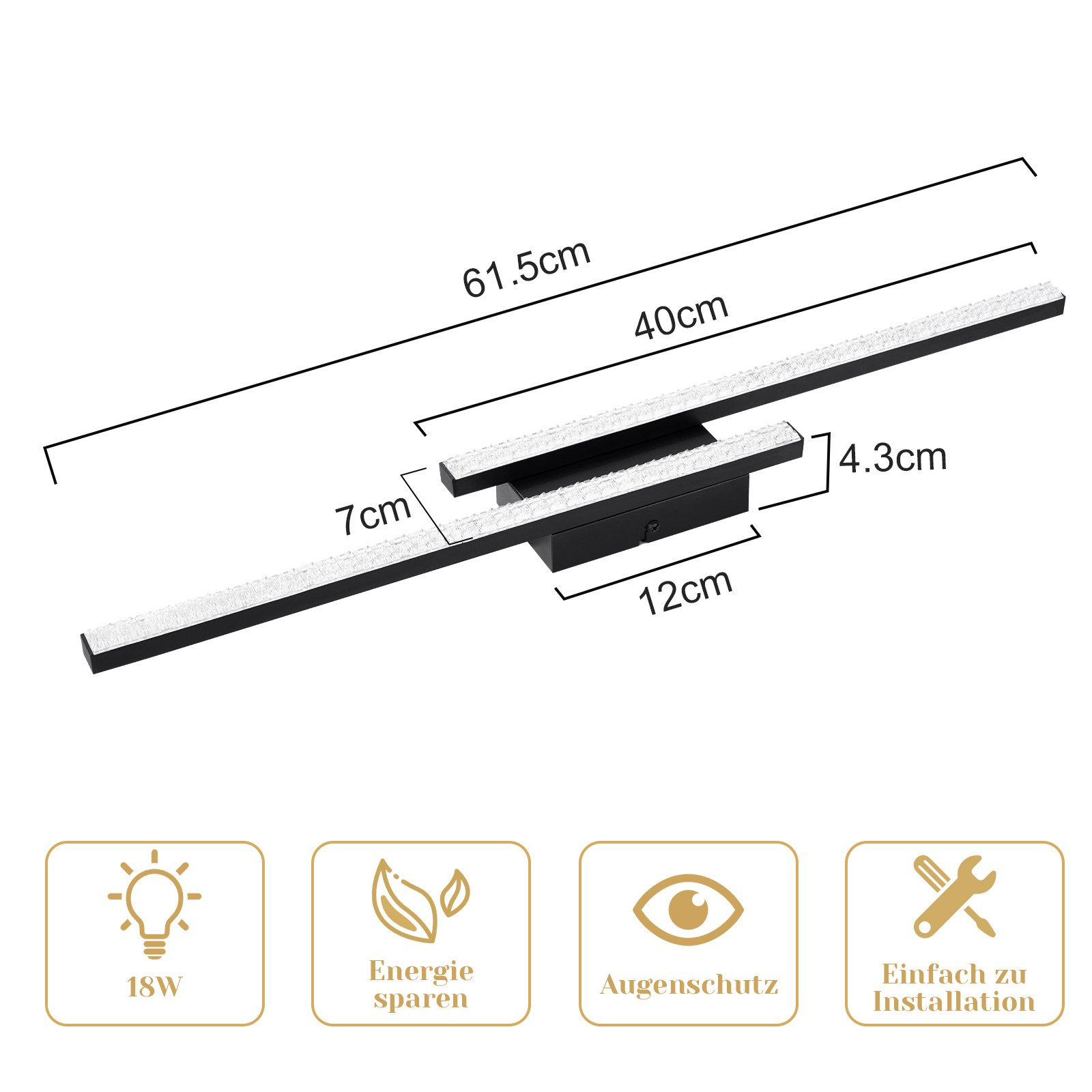 Lámpara LED lineal con dimensiones e iconos de funciones.