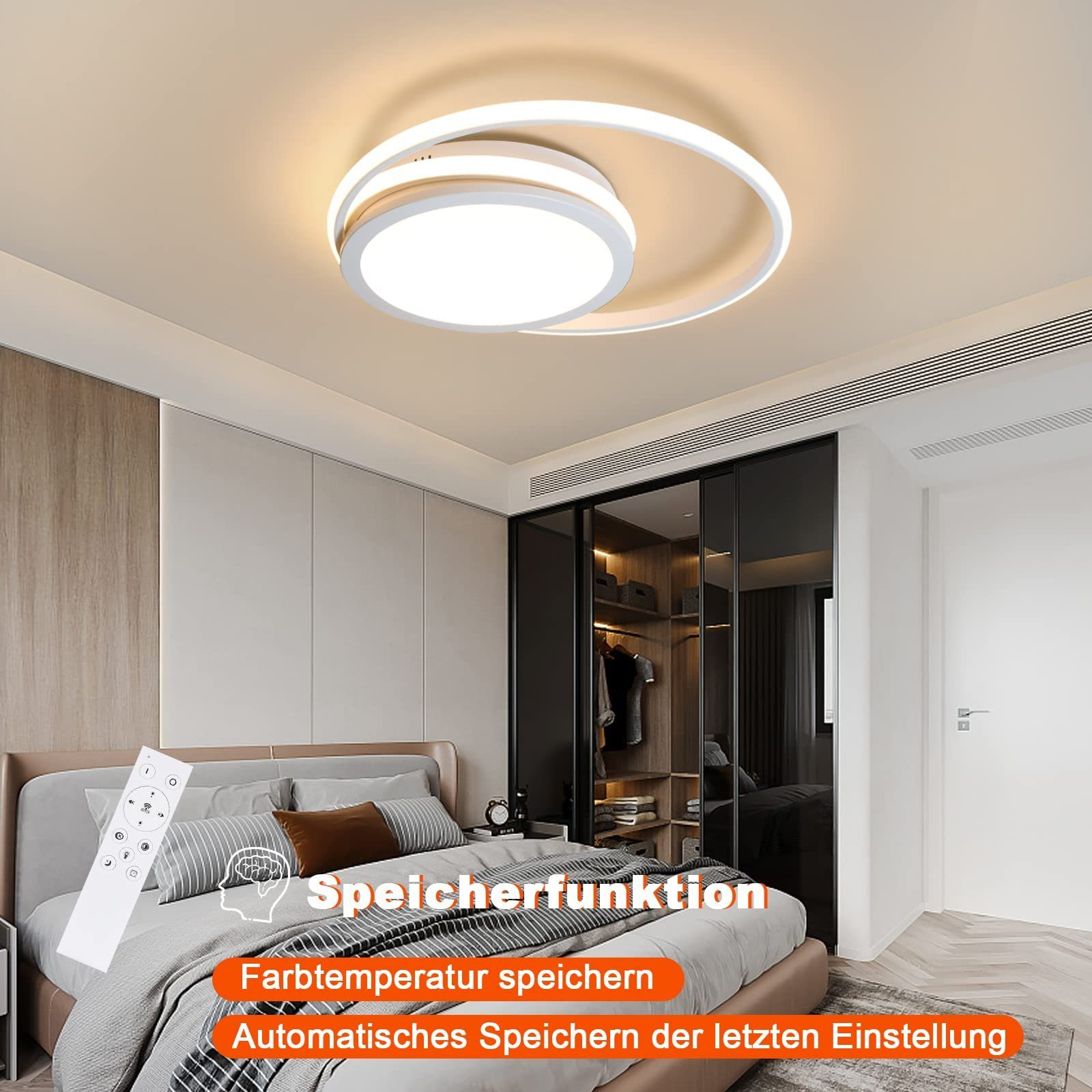 Ein modernes Schlafzimmer mit runder Deckenleuchte und Bett.
