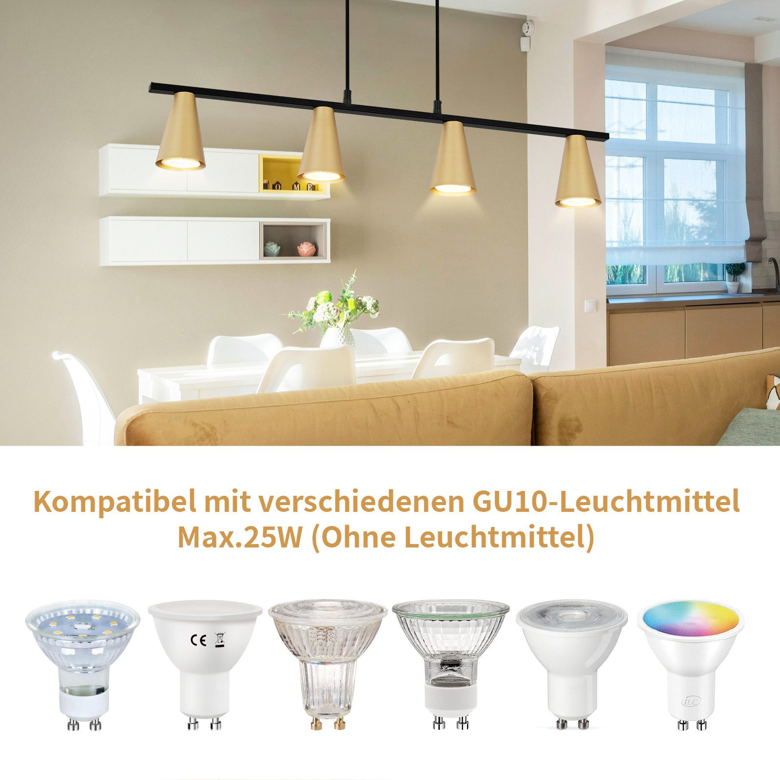 Lampade a sospensione dorate. Varie lampadine GU10. Parete neutra, mobili bianchi, tavolo in legno e finestra.