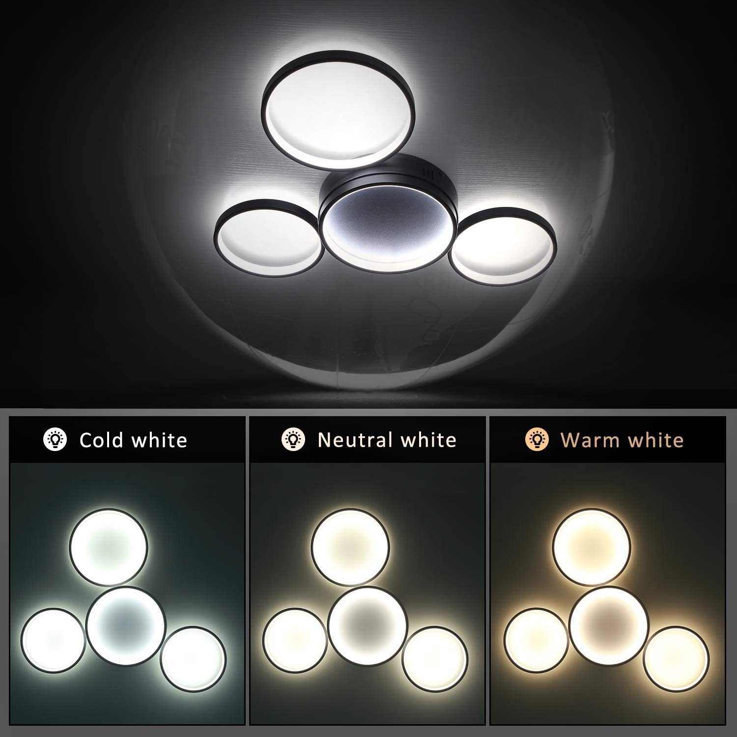 Eine Deckenleuchte mit drei Farboptionen: kaltweiß, neutralweiß und warmweiß. Die Lichter sind kreisförmig.