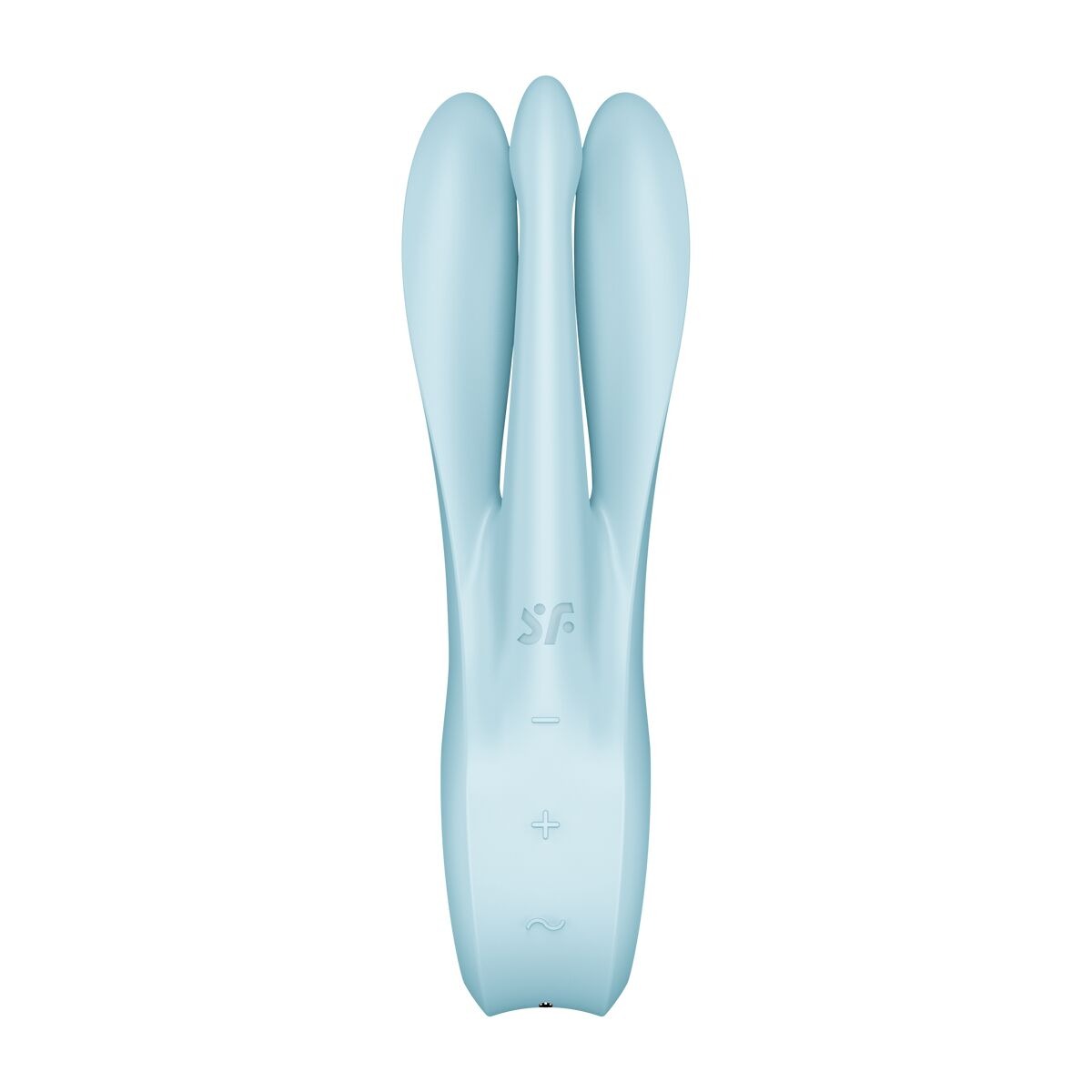Juguete sexual azul claro con tres partes que sobresalen.