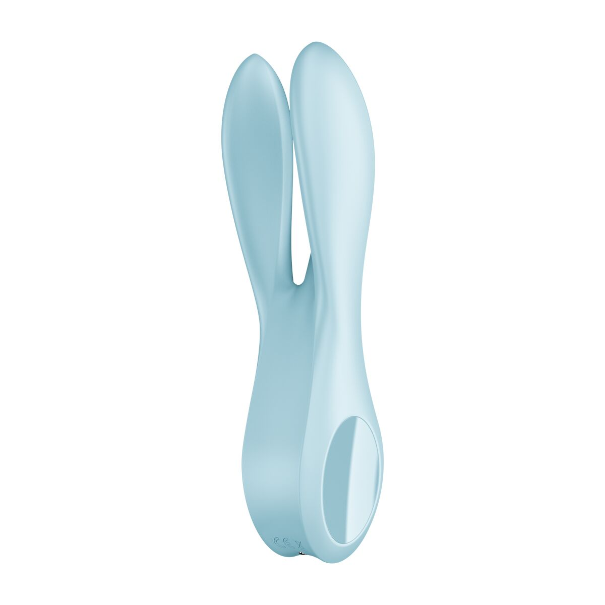 Juguete sexual curvo, azul claro, con forma de orejas de conejo. De pie sobre superficie blanca.
