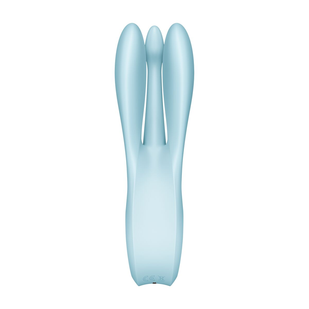 Juguete sexual azul claro con tres púas. Diseño liso y curvado, sobre fondo blanco.