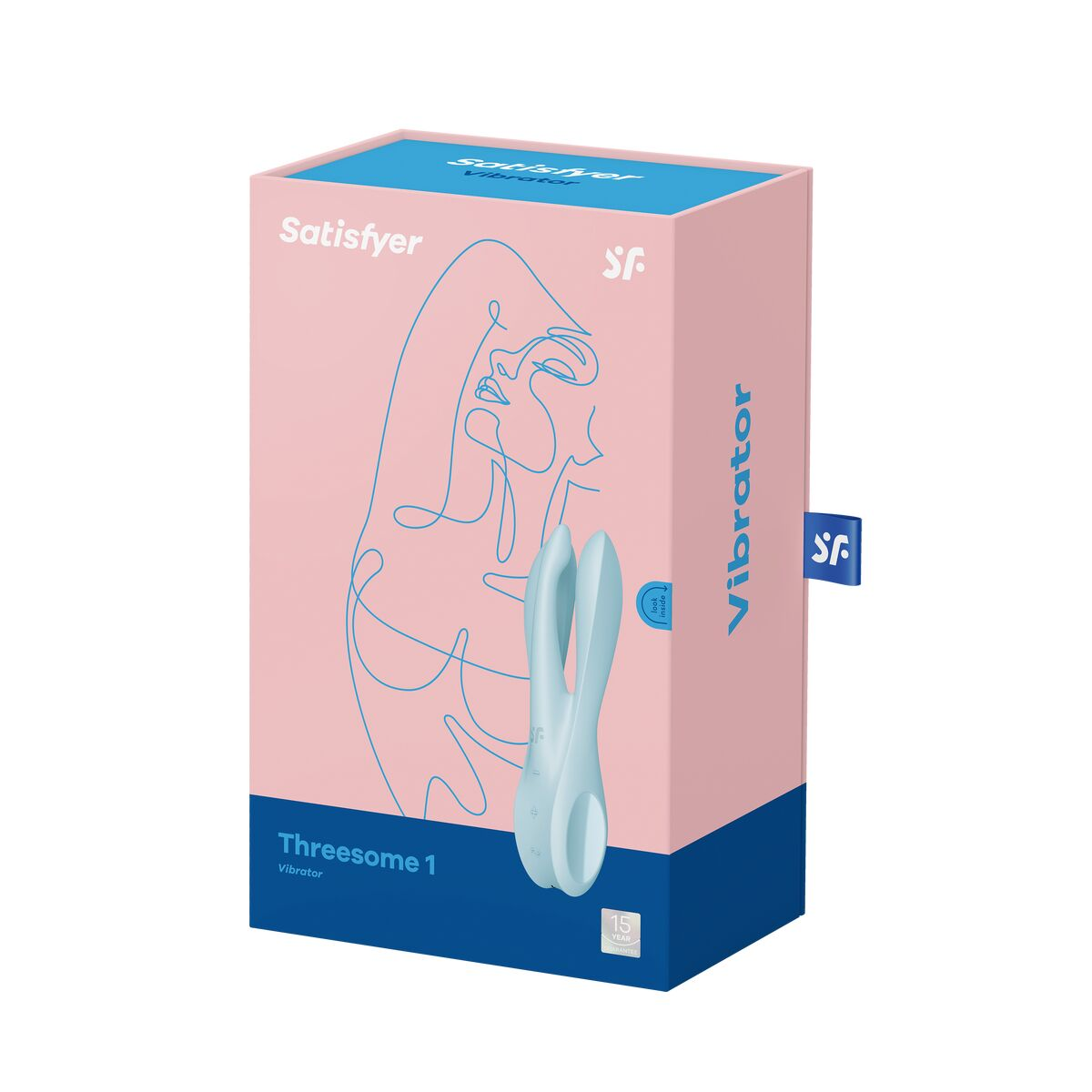Caja de un juguete sexual, diseño rosa y azul claro con arte lineal. El juguete es visible.