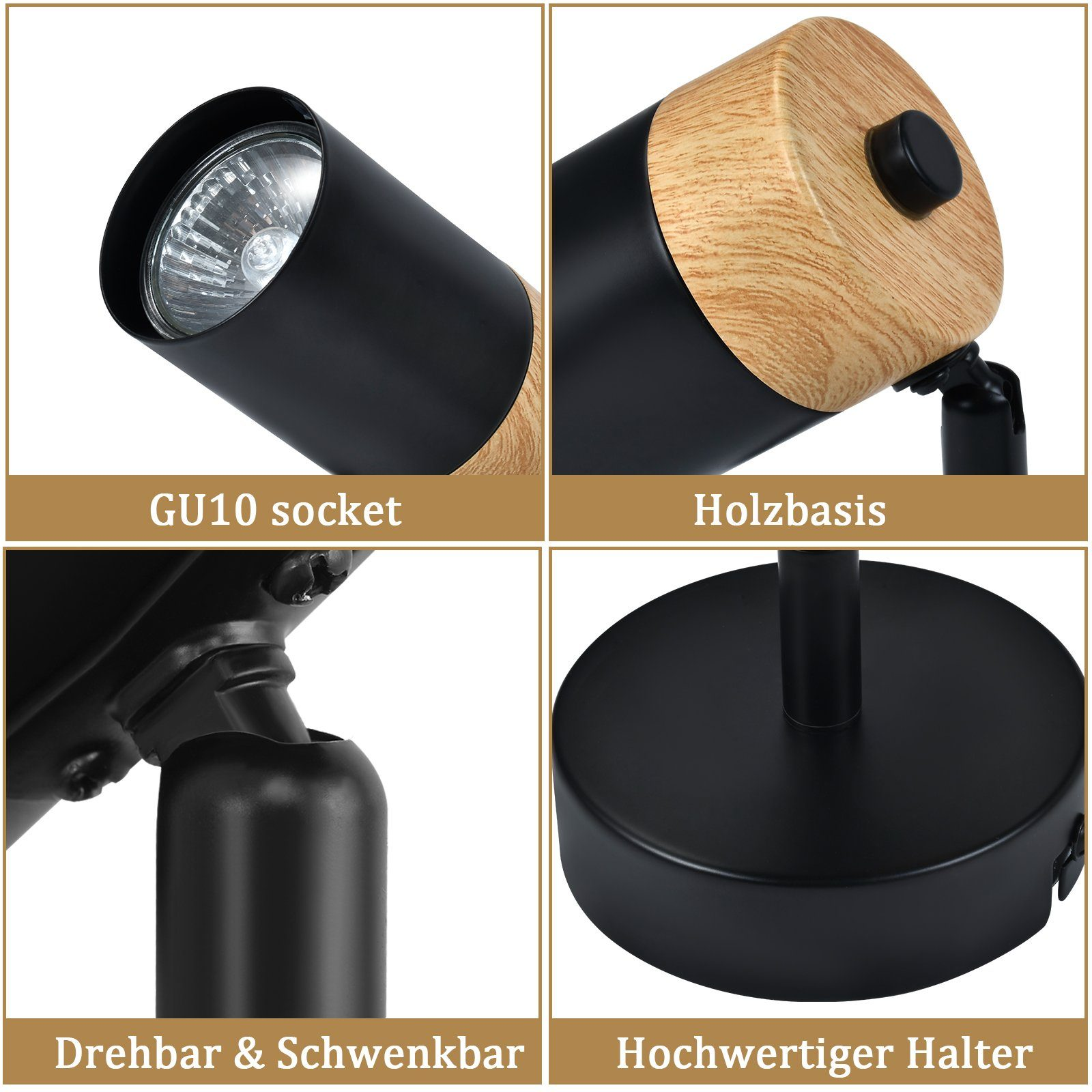 Dettagli ravvicinati di un apparecchio di illuminazione a faretto nero e color legno.