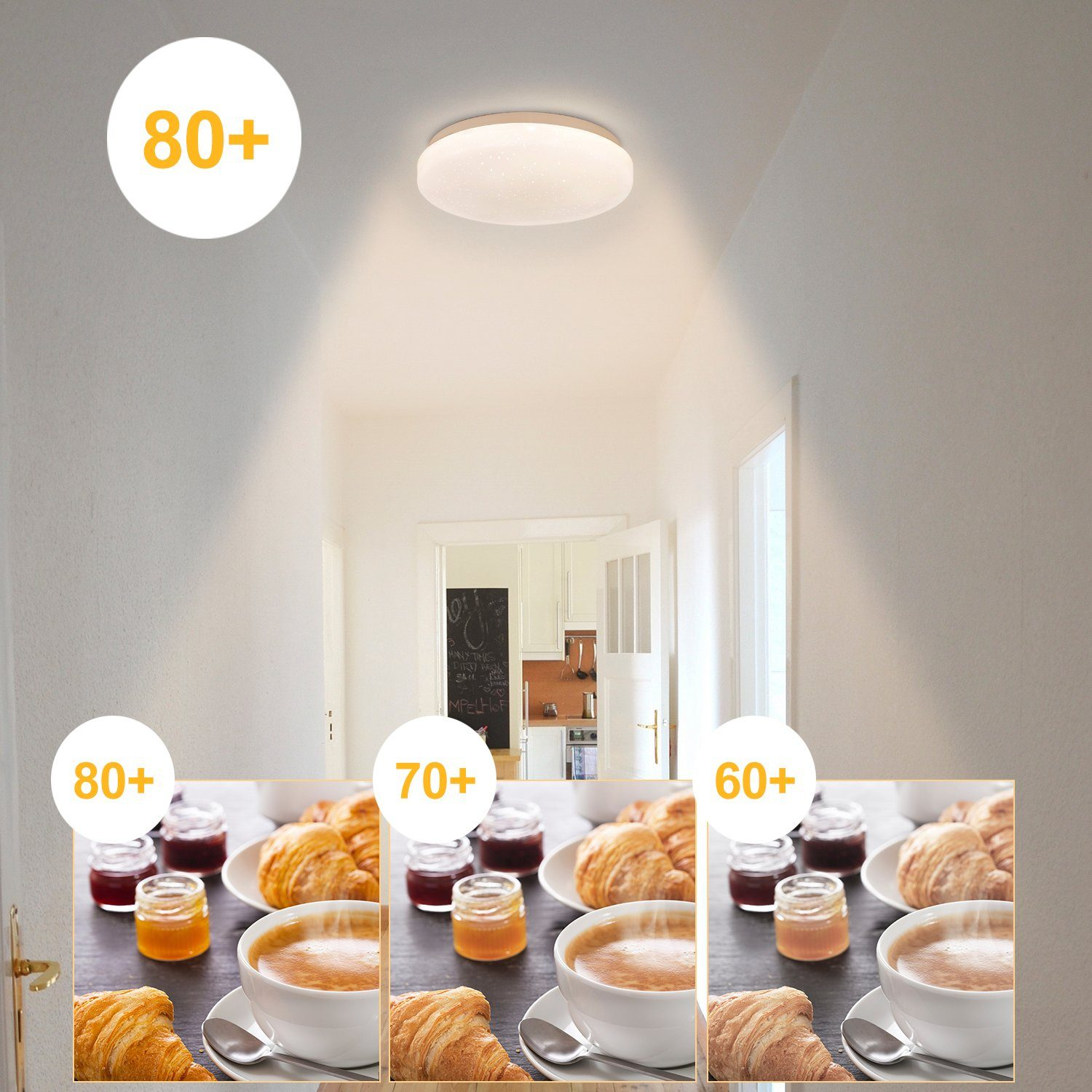 Flurszene mit Deckenlicht und Frühstücksbildern. Verschiedene Lichtstärken werden gezeigt.