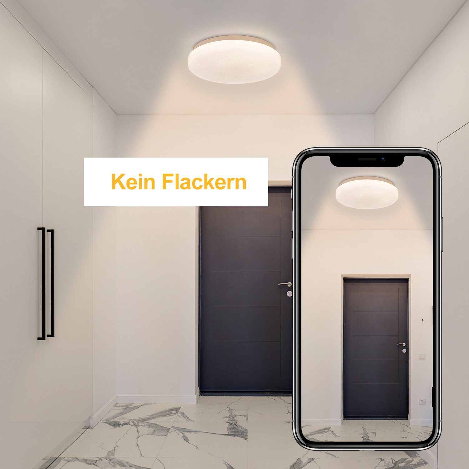 Ein Flur mit weißer Decke und Tür, zeigt einen Telefonbildschirm mit Licht.