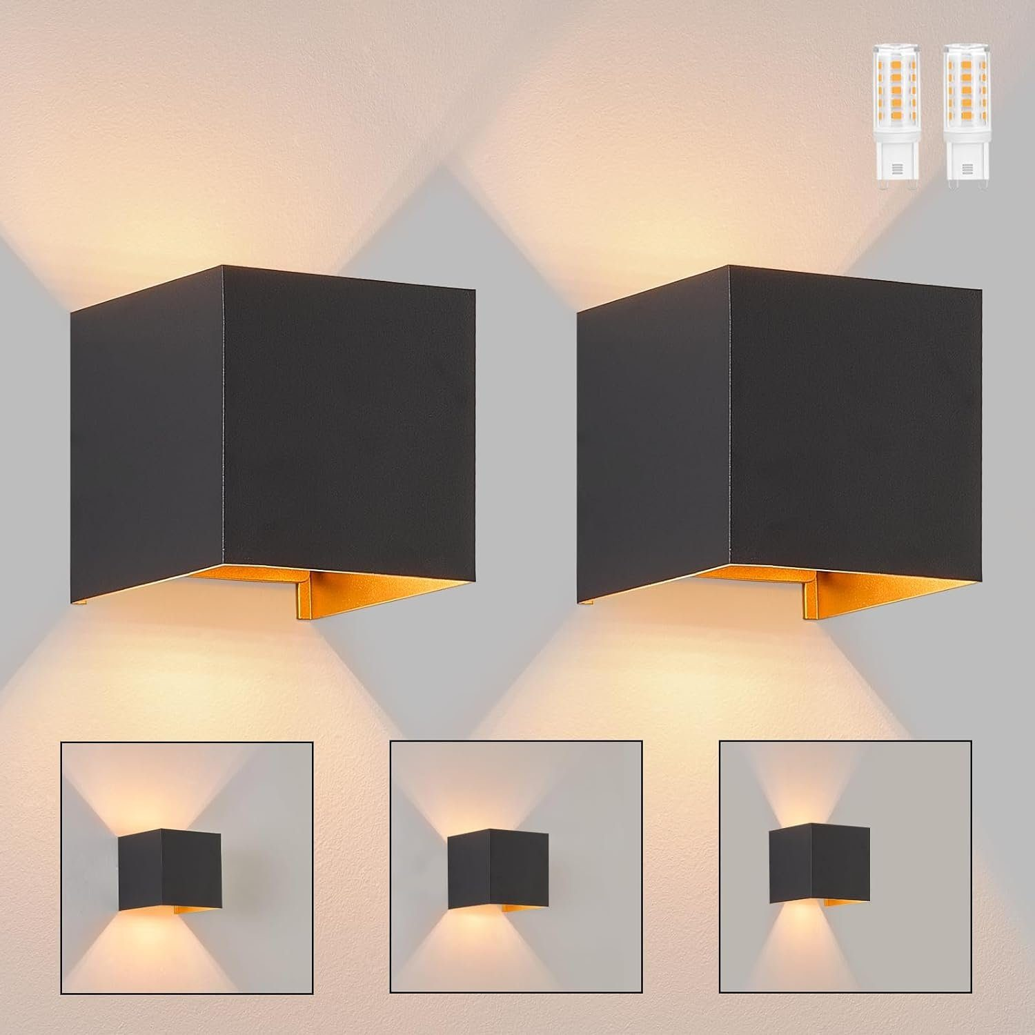 Due applique quadrate nere, dettagli dorati. Sfondo bianco, diversi campioni di illuminazione.