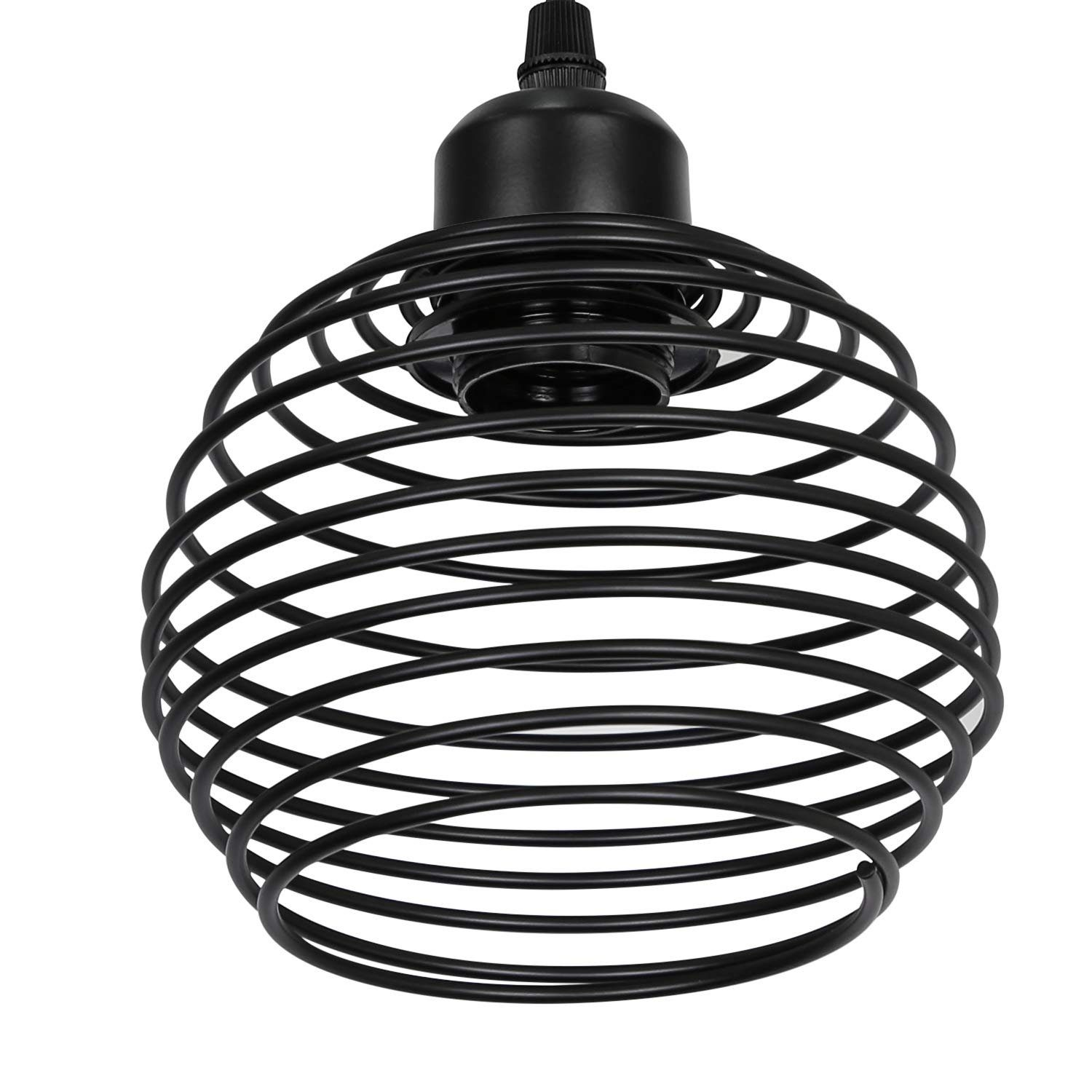 Schwarze Metall-Spiral-Pendelleuchte. Die Leuchte hängt an einem schwarzen Draht.