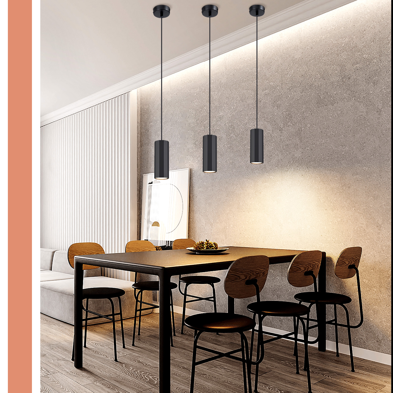 Ein Esszimmer mit drei schwarzen Pendelleuchten über einem Tisch. Es gibt Stühle und ein Gemälde.
