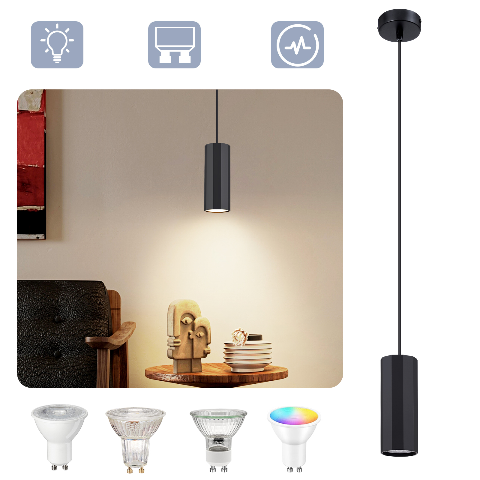 Eine moderne schwarze Pendelleuchte mit schlichtem Design und mehreren Glühbirnen. Ein Raum ist im Hintergrund sichtbar.