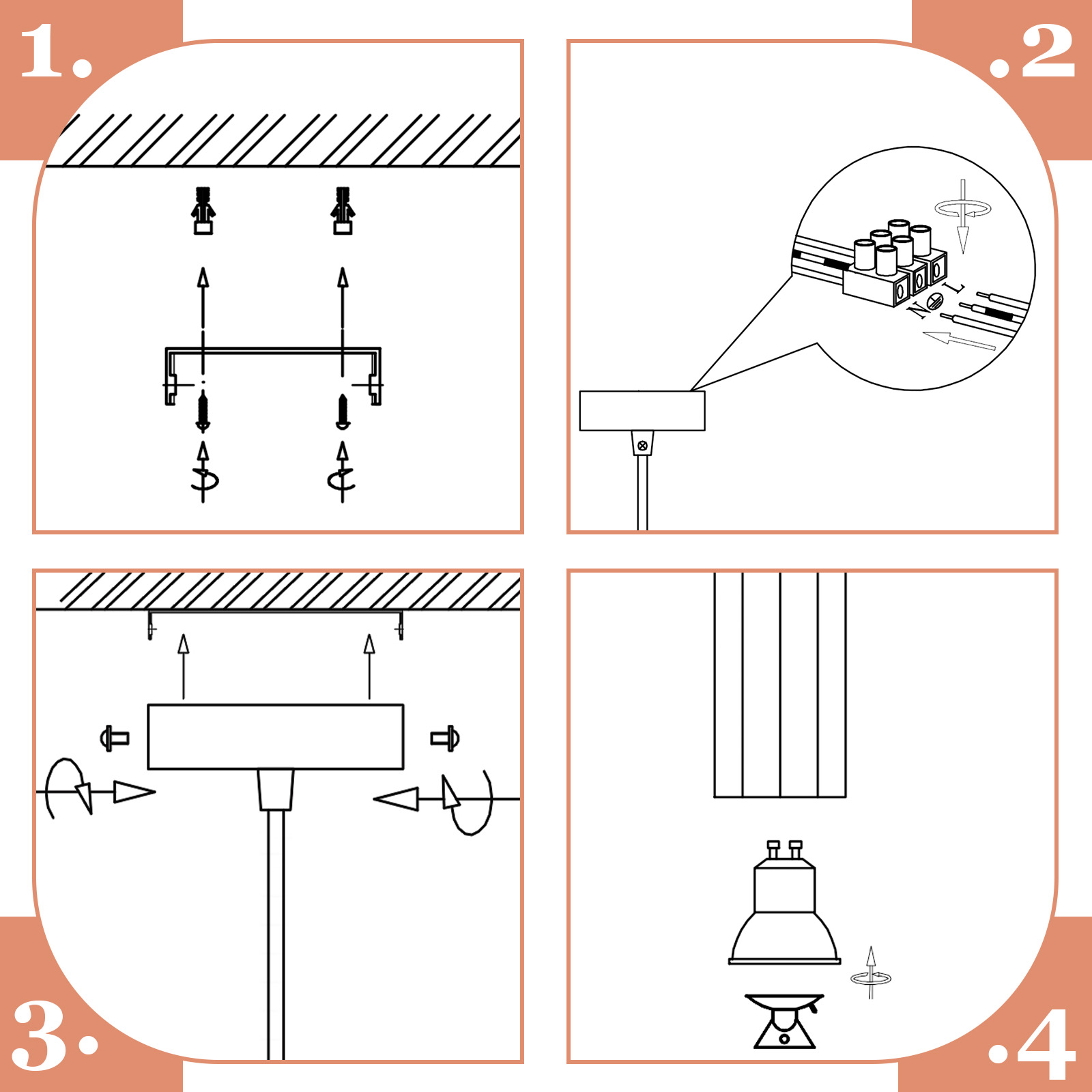 Diagramm zur Installation einer Deckenleuchte. Es zeigt Schritte mit Schrauben und elektrischen Anschlüssen.