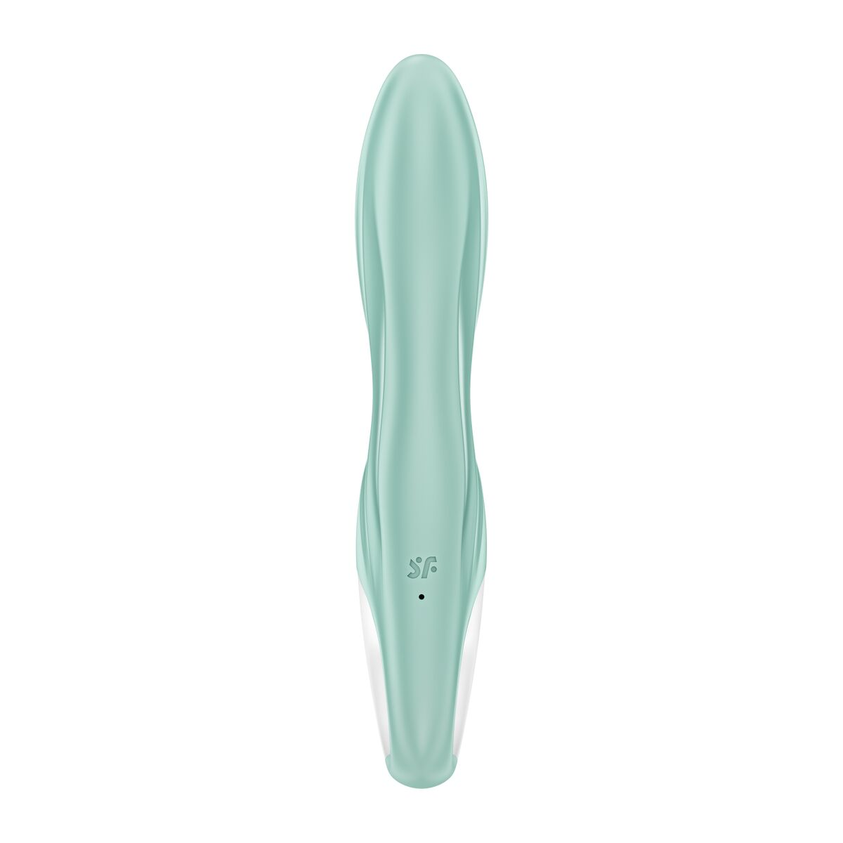 Vibrador verde menta, forma lisa y alargada con base blanca y pequeña luz indicadora.