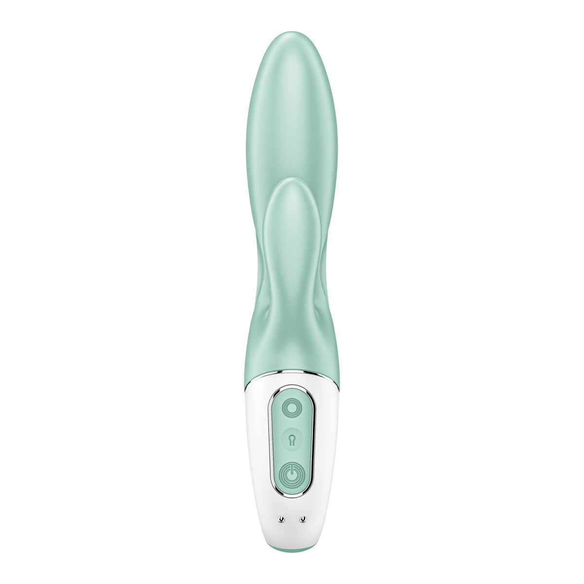 Juguete sexual verde menta con base y botones blancos. Forma larga y curva.