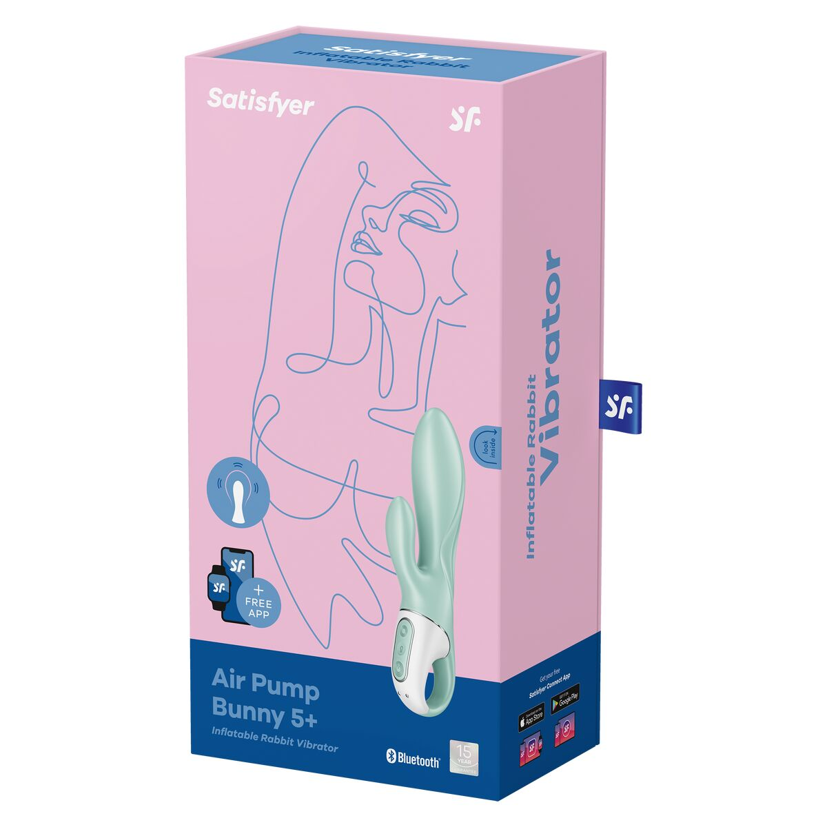Caja del vibrador Satisfyer Inflatable Rabbit, con detalles del producto y la aplicación.