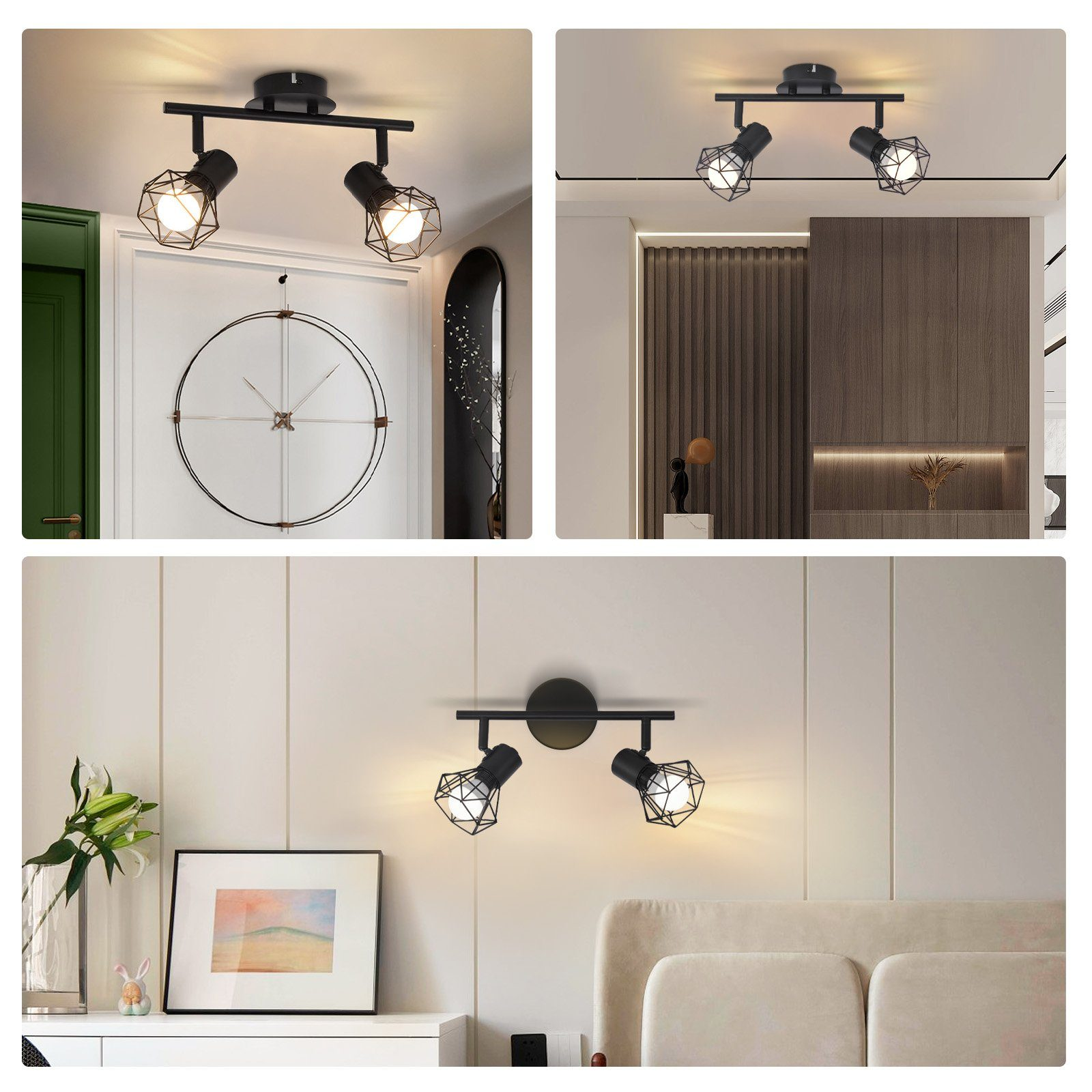 Immagini multiple di apparecchi di illuminazione a binario neri con faretti orientabili.