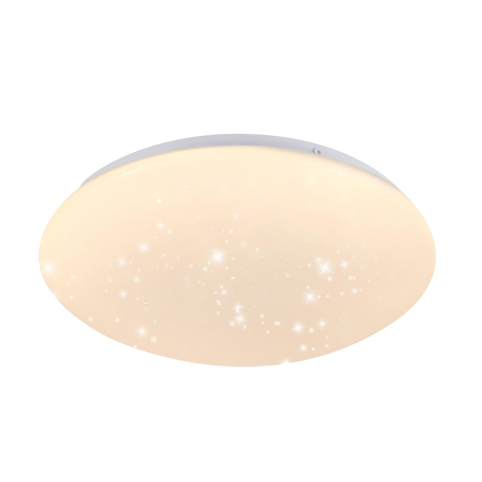 Owalna, biała lampa sufitowa z wzorem gwiazd.
