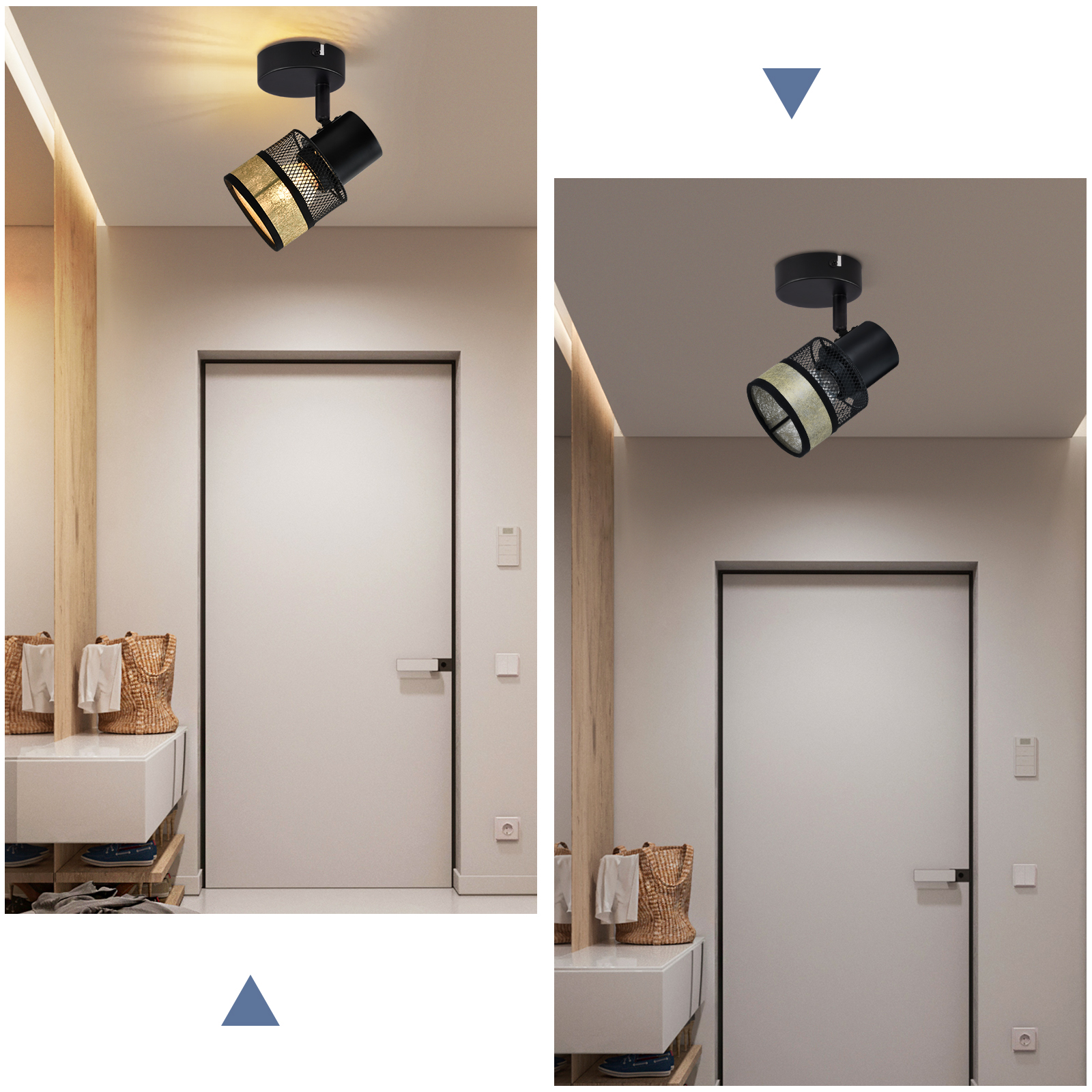 Imágenes de un foco en una habitación. La luz está encendida y la puerta está cerrada.