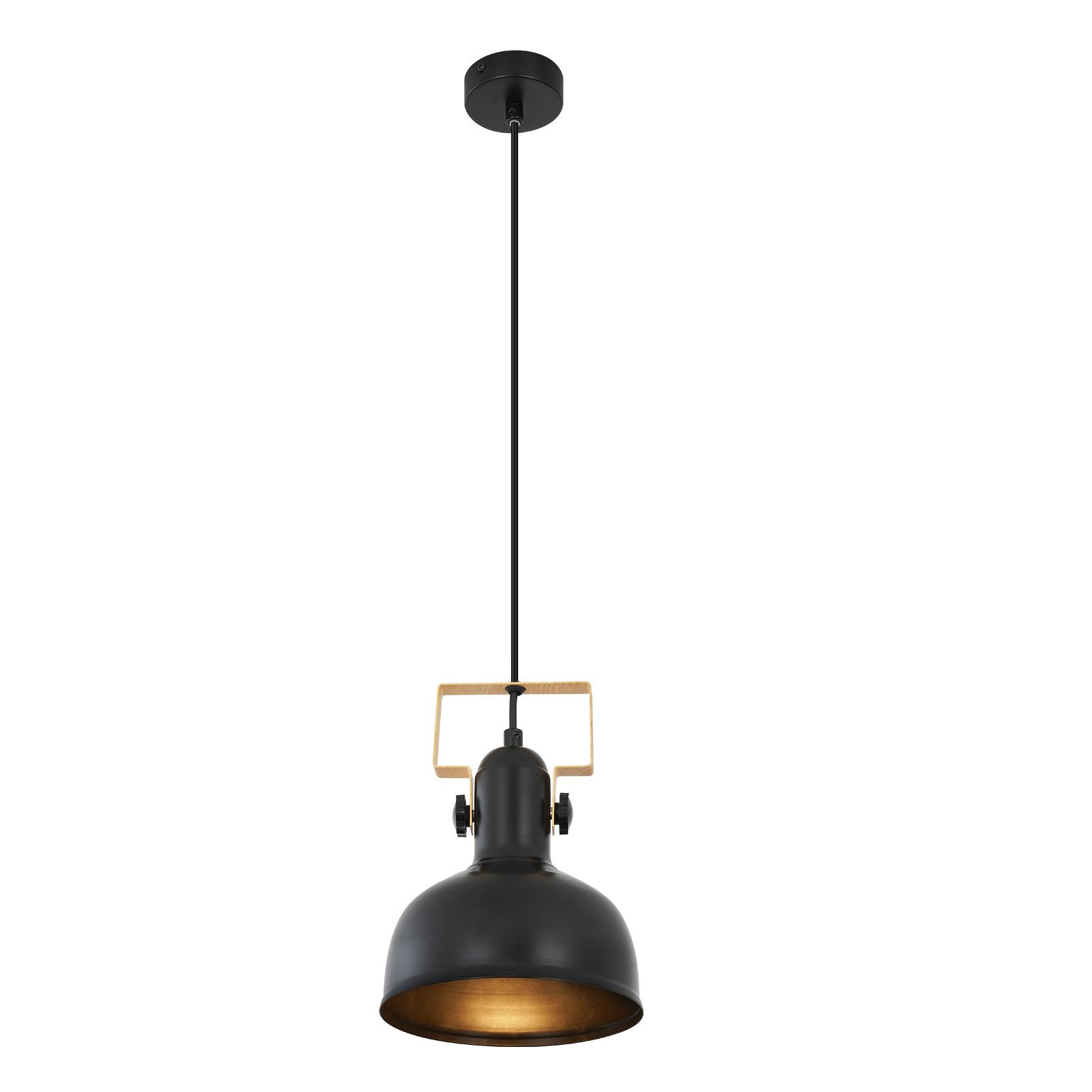 Schwarze Pendelleuchte. Kuppelförmige Lampe mit goldfarbenem Innenraum. Schwarzes Kabel und Deckenhalterung.