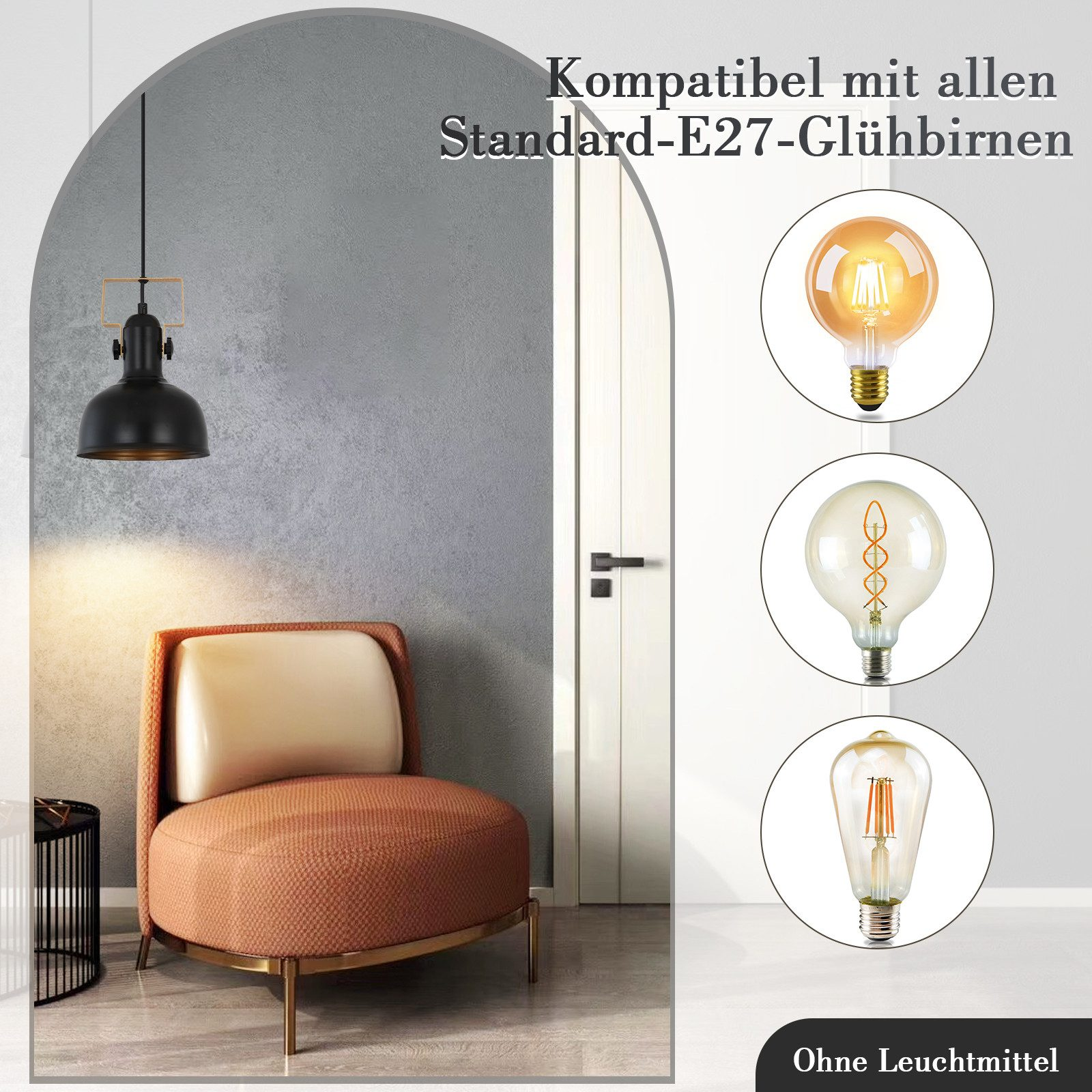 Ein Raum mit Stuhl, Lampe und drei ausgestellten Glühbirnen.