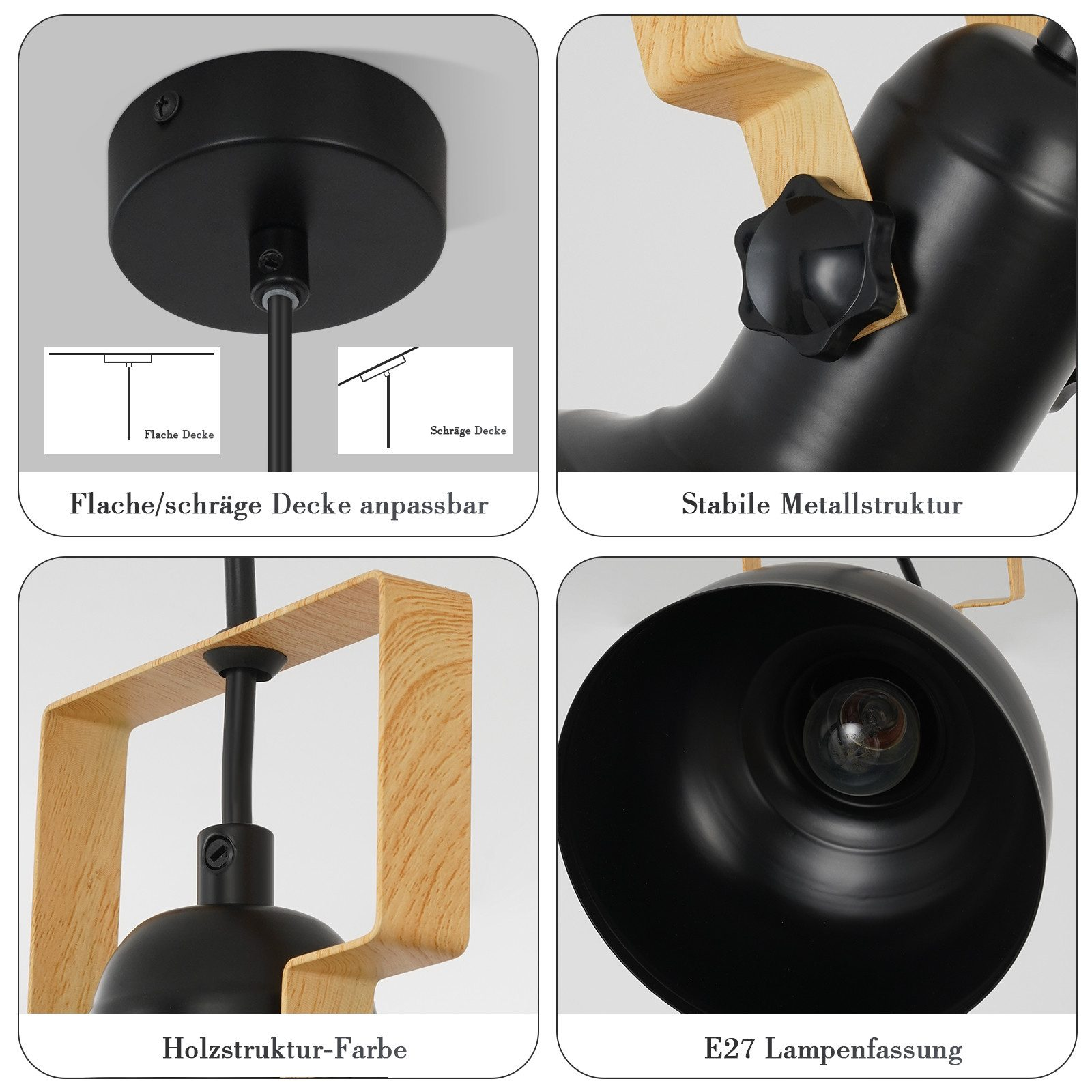 Nahaufnahmen von Details der schwarzen Pendelleuchte. Holzrahmen, schwarze Lampe und eine E27-Lampenfassung.