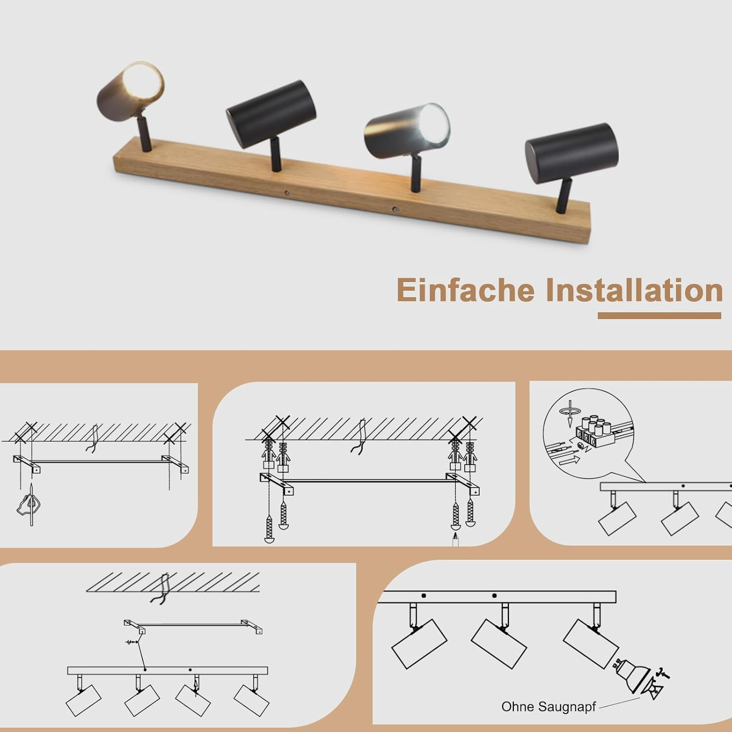 Drewniana deska z trzema reflektorami i diagramami pokazującymi metody instalacji.